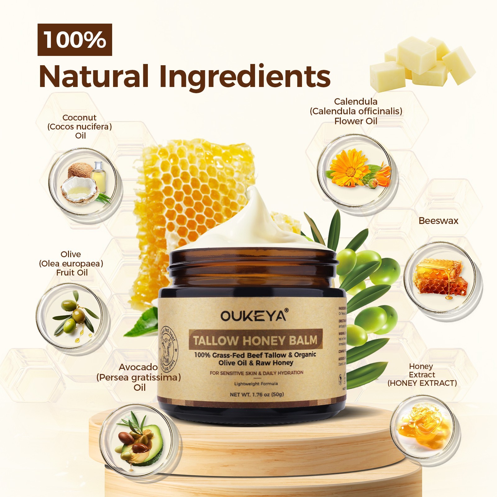 OUKEYA 100% Grass-Fed Beef Tallow Balm Deep Moisturizing Face Cream For Skin