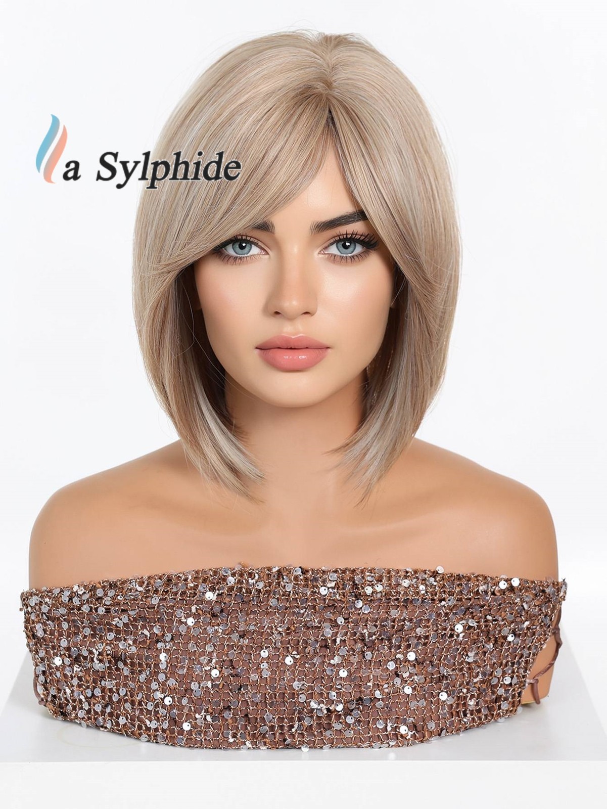 Brown Highlight Clavicle BOB Short Straight Wig Side Bang Rose Net Breathable