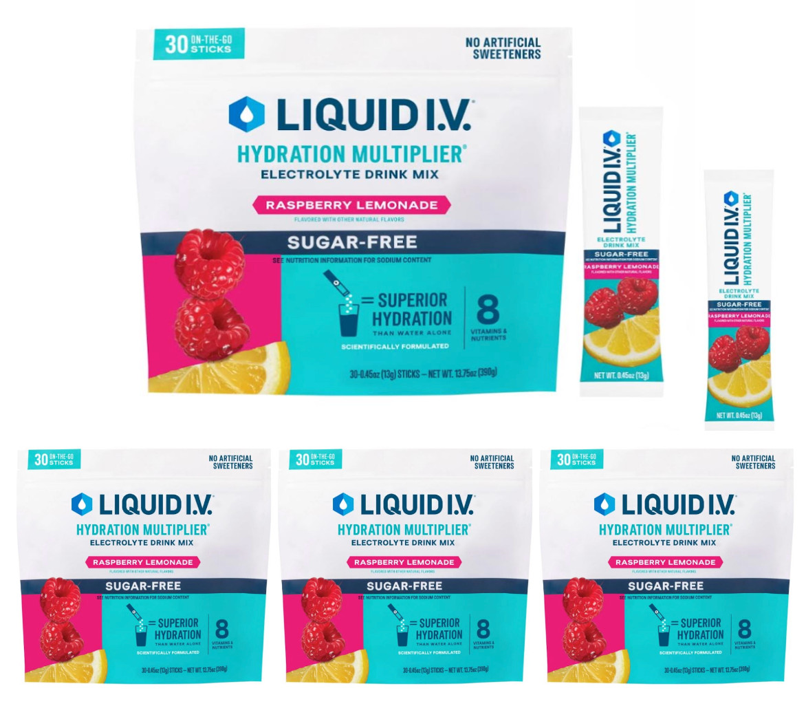 Liquid I.V. Hydration Multiplier, Raspberry Lemonade 4 packs of 30 ct sugar free