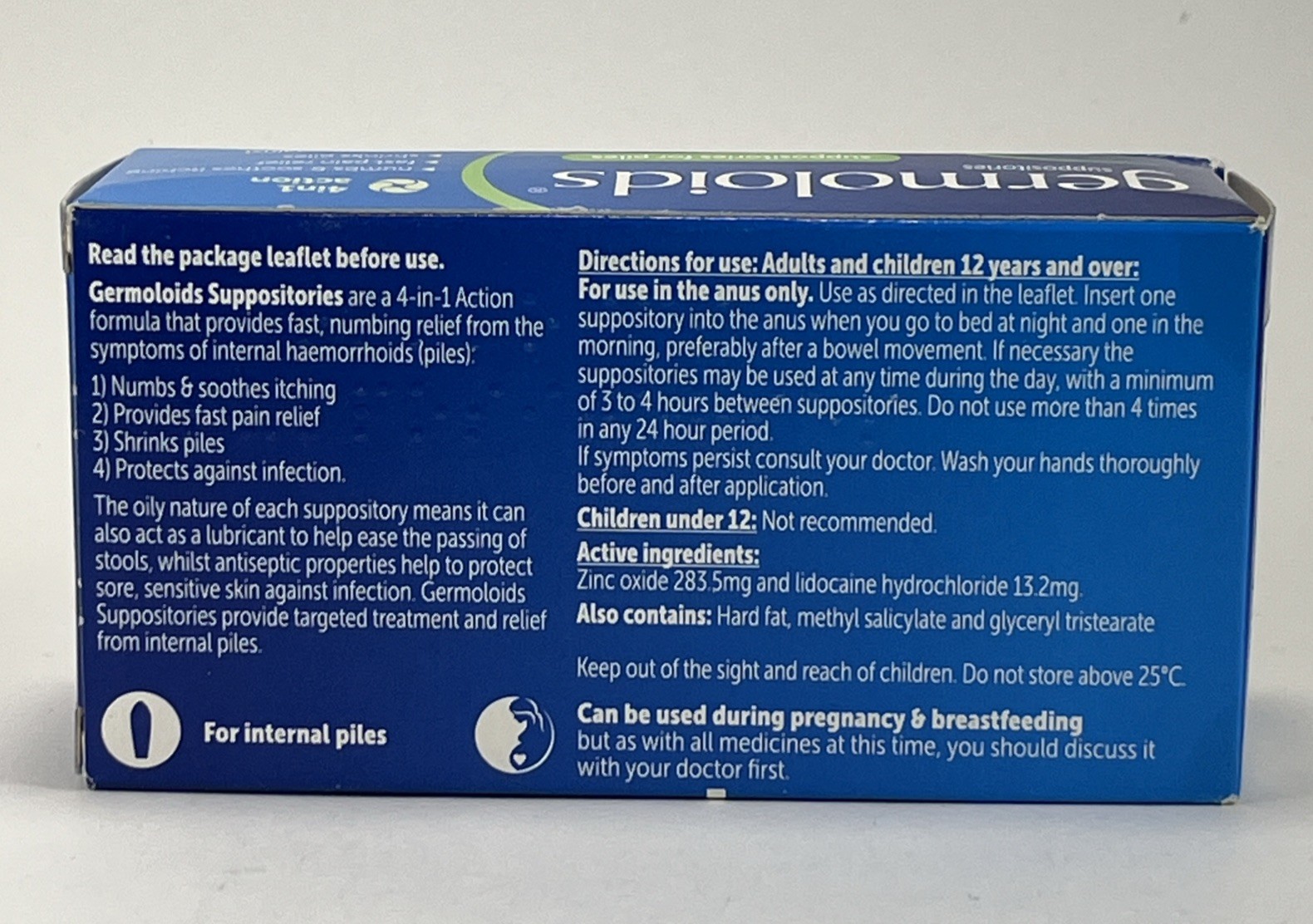 Germoloids Hemorrhoid Suppositories 24 Local Anesthetic Internal Piles Numbing