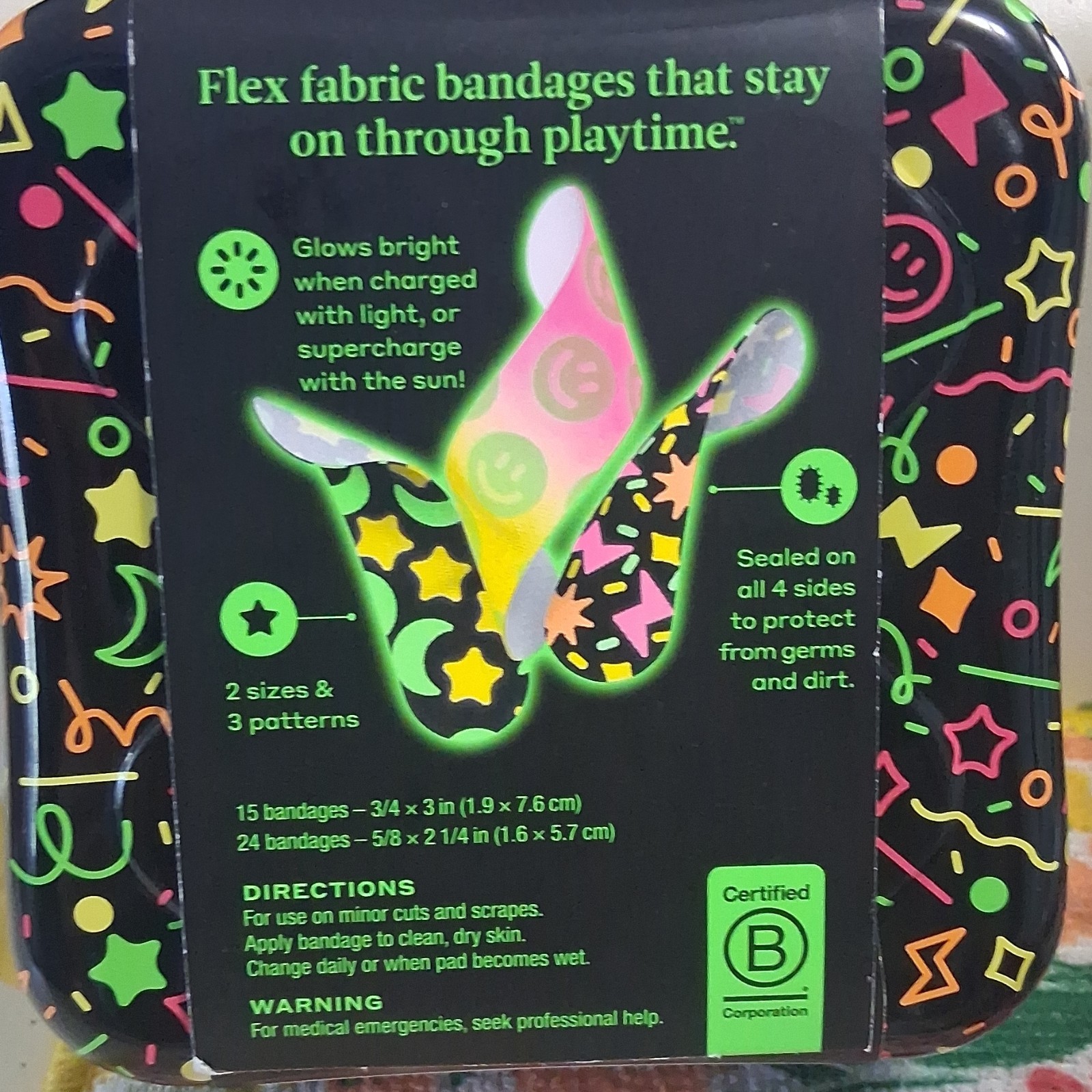 Welly Flex Fabric Bandages Glow-in-the-Dark, Assorted Multicolor 39 Count
