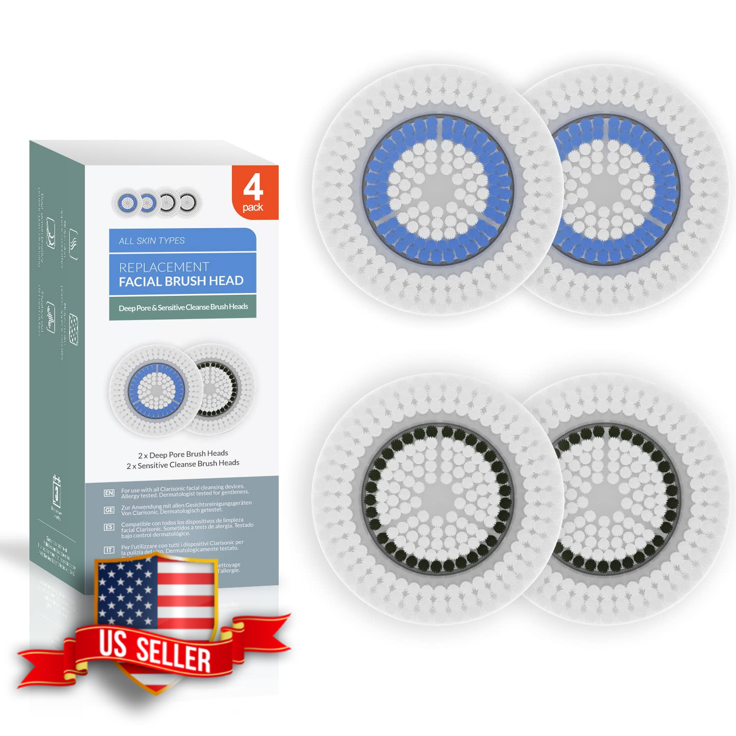 Brushmo Brush Head Replacements for Clarisonic, Deep Pore & Sensitive, 4 Pack