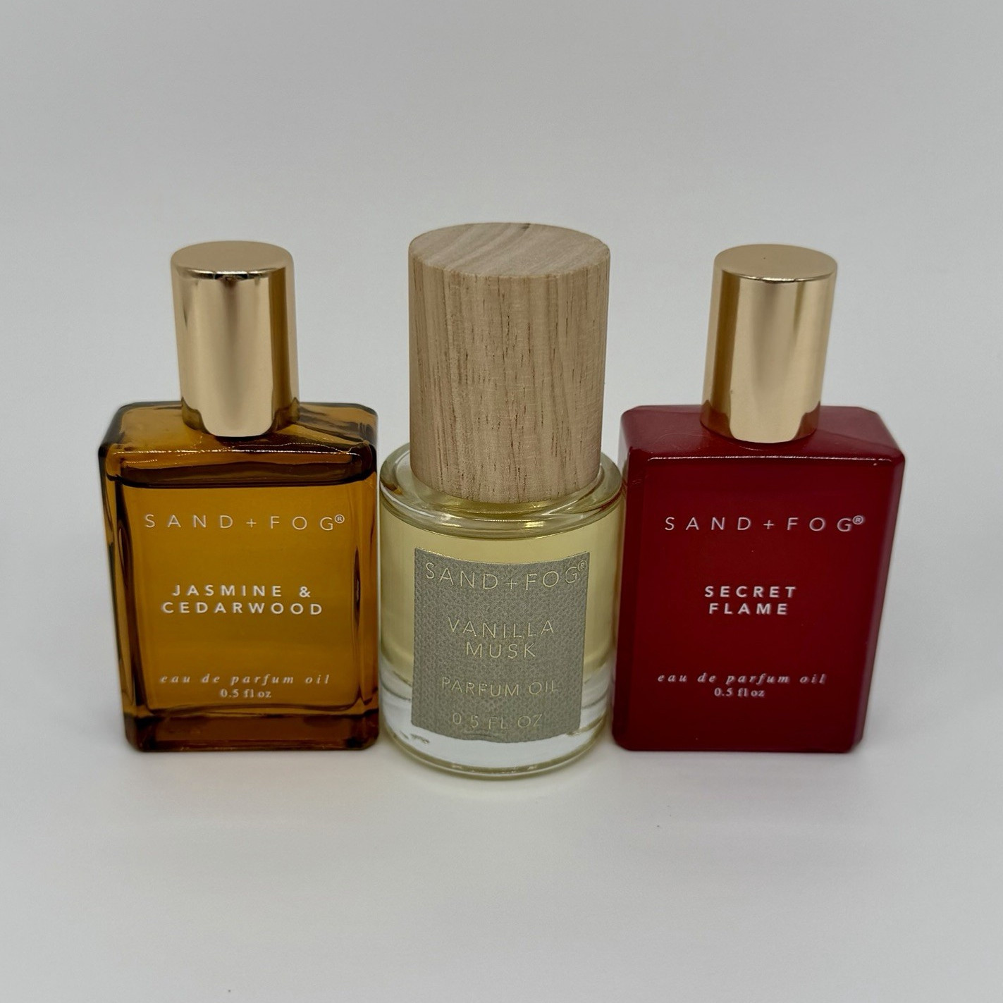 SAND+FOG Perfume Oil 0.5 fl oz lot Jasmine & Cedarwood/Vanilla Musk/Secret Flame