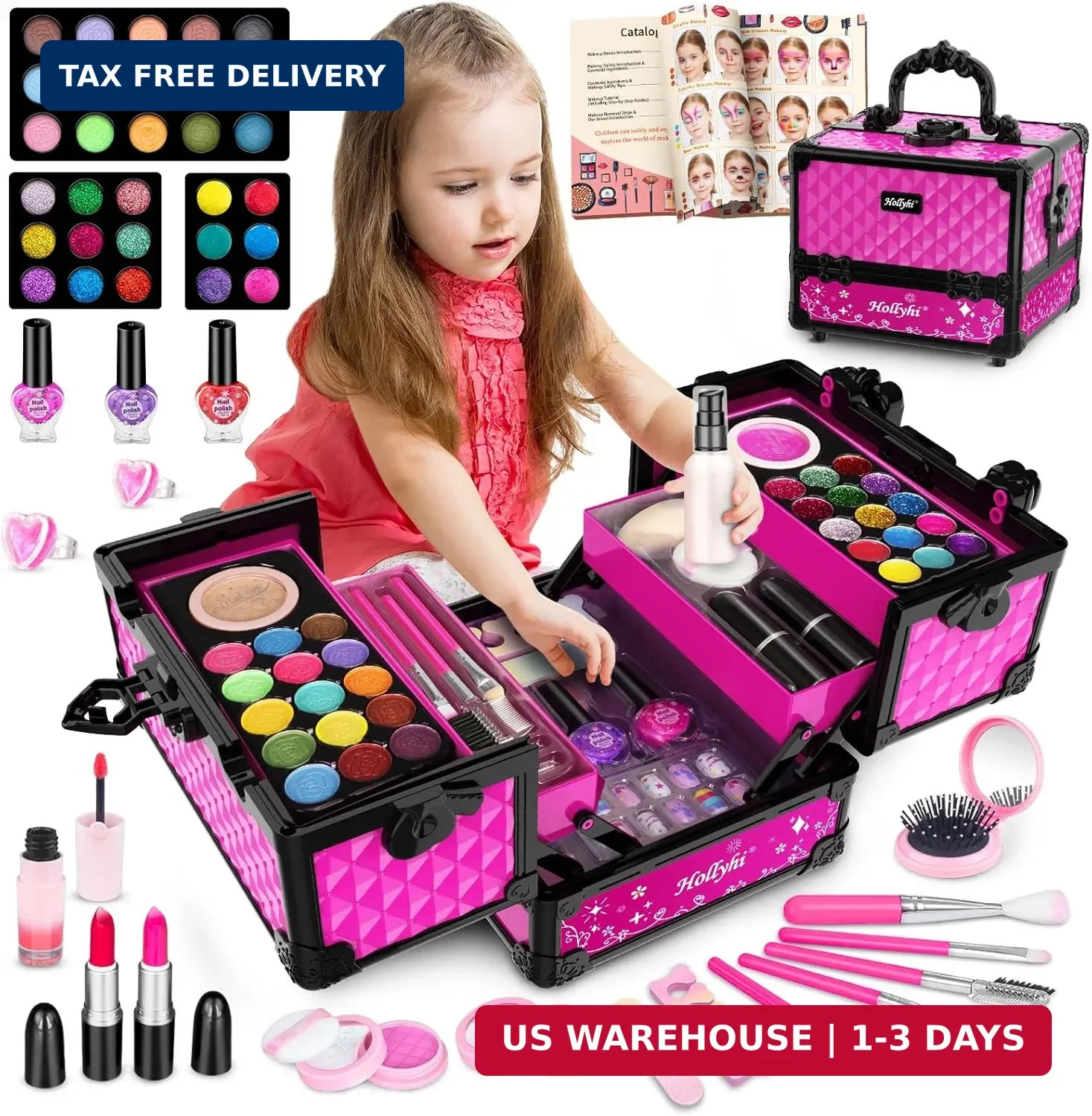 Hollyhi 59 Pcs Kids Makeup Kit for Girl, Washable Play Makeup Toys Set for Dress