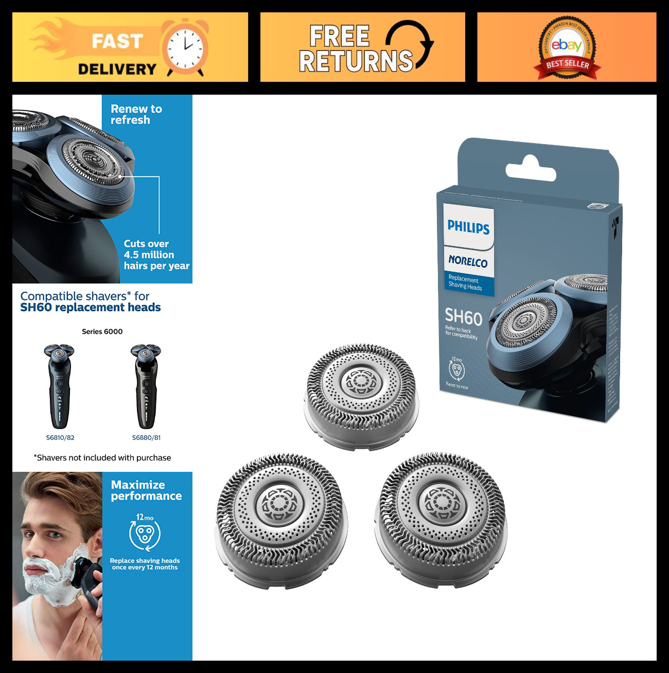Genuine SH60/72 Shaving Heads for Norelco Shaver Series 6000 – Replacement Blade