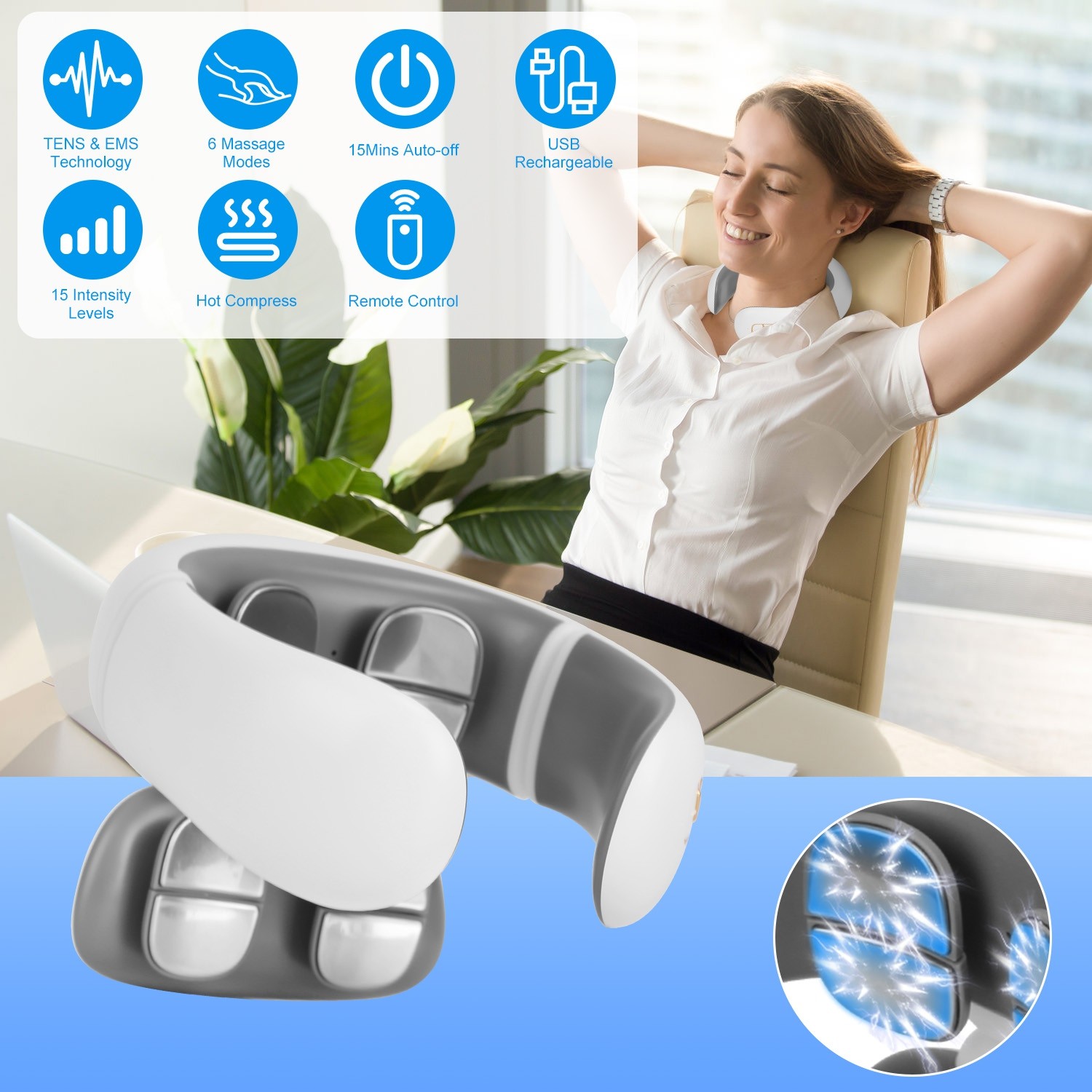 Cordless Neck Massager Pain Relief Deep Tissue Vibration TENS EMS Muscle Relax