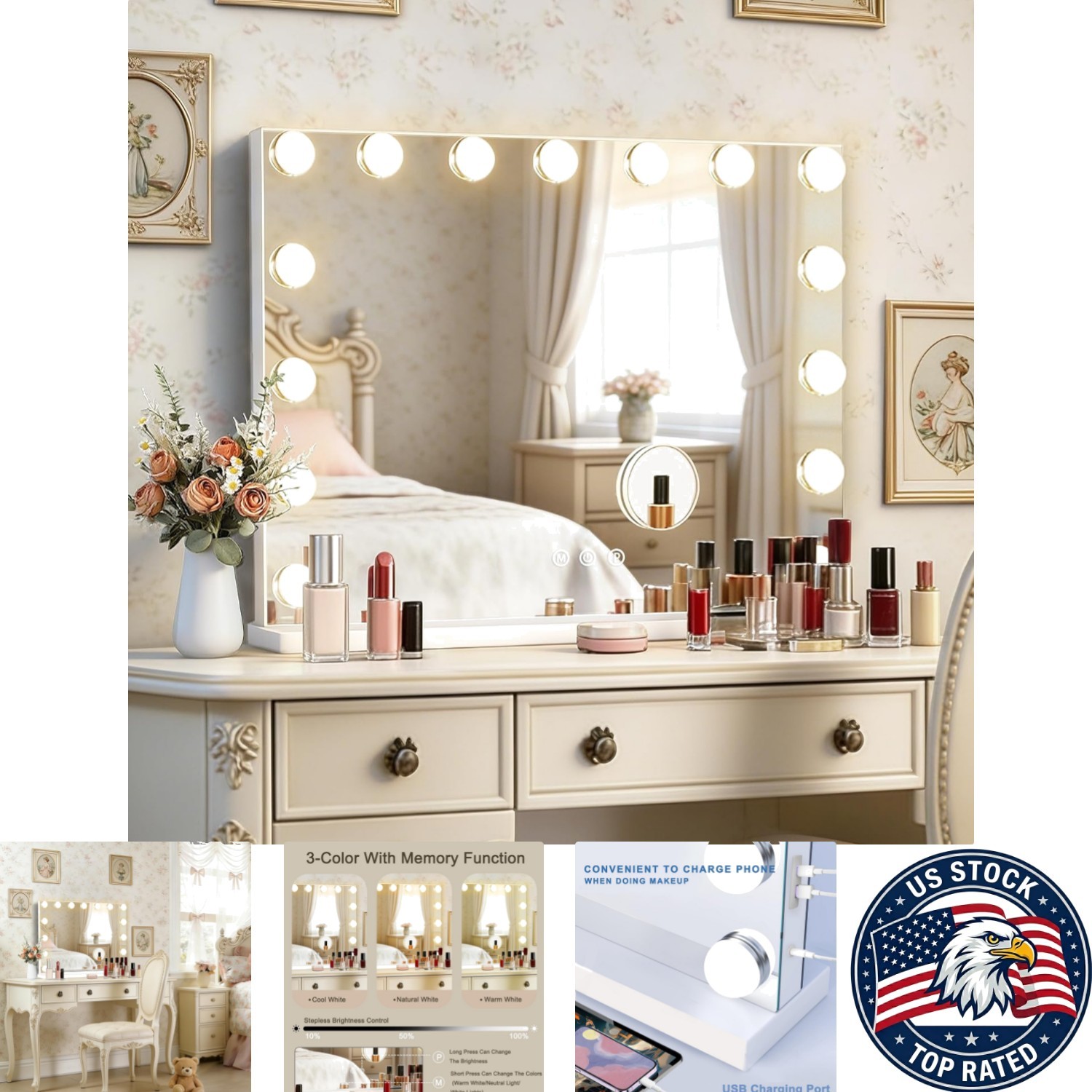 Contemporary 23″ x 18″ Makeup Mirror with USB Charging & Elegant Polished Frame