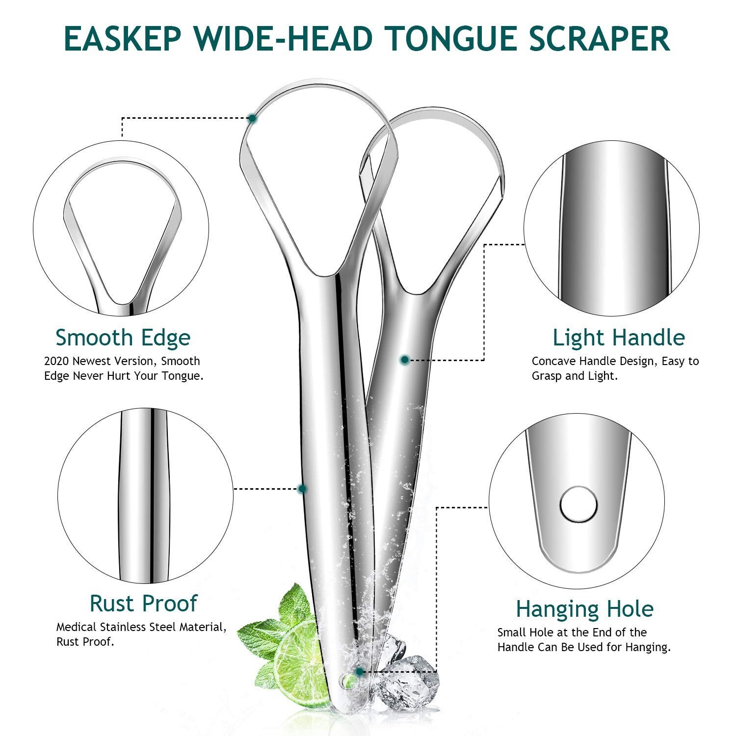 Tongue Scraper (2 Pack), Wide-Head Tongue Cleaner with Nice Carrying Box, 100%