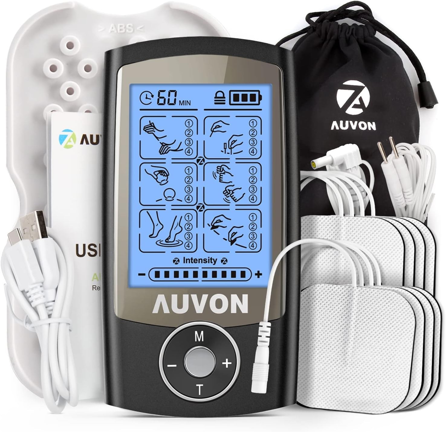 AUVON 24 Mode Rechargeable TENS Unit Muscle Stimulator 8 Pads