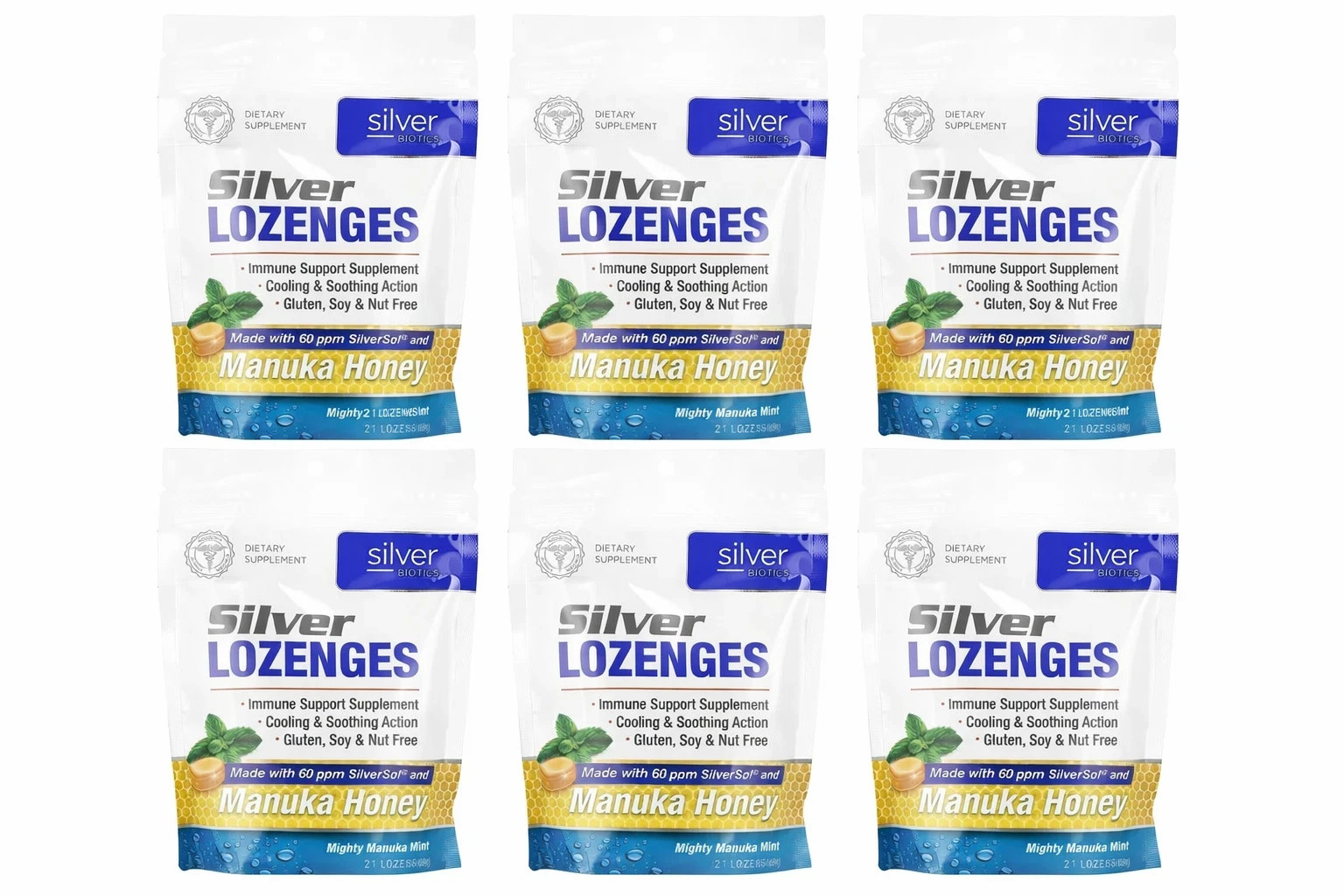 American Biotech Labs Silver Mighty Manuka Mint 21 Lozenges Each (Pack of 6)