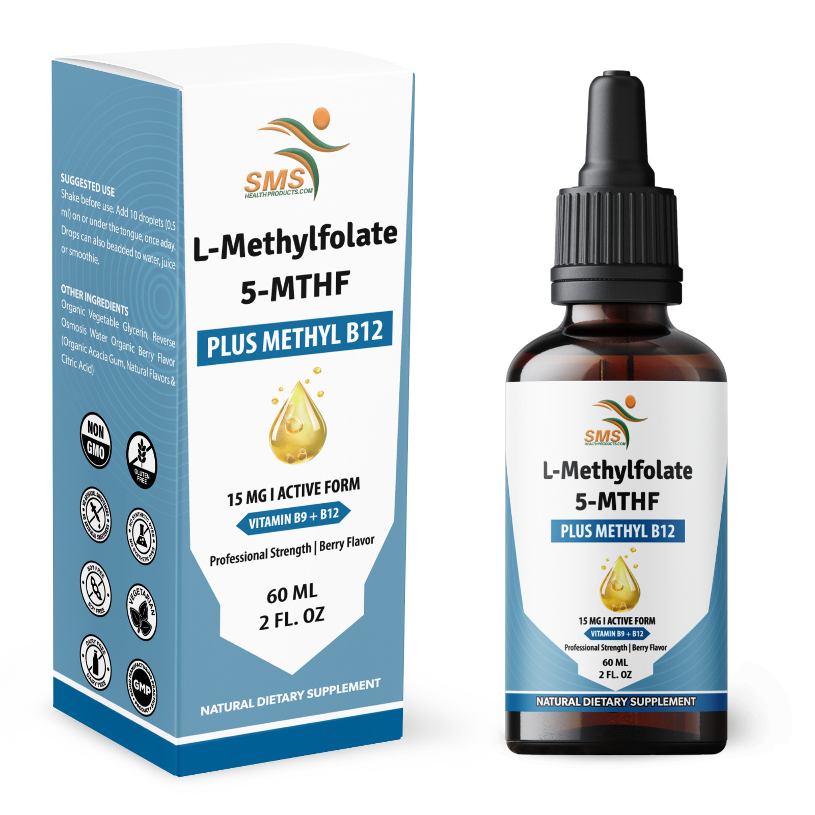 L-Methylfolate 15mg + Methyl B12 Cofactor | Organic Berry Flavor | 2 fl oz