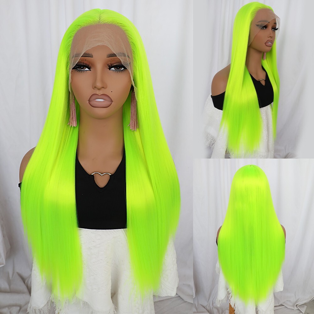 Bright Yellow Neon Green Straight Hair Lace Front Wigs Pre Plucked Women Party