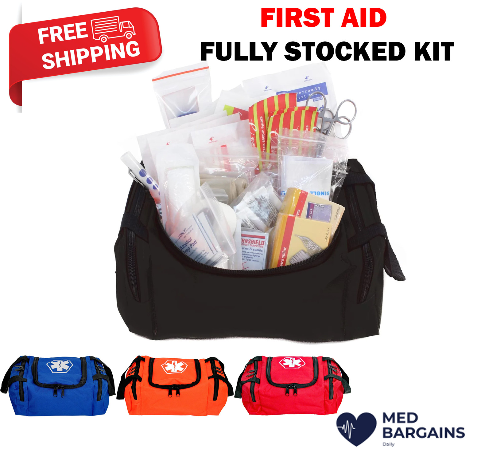 First Responder Fully Stocked Trauma First Aid Kit – 4 Color Bag