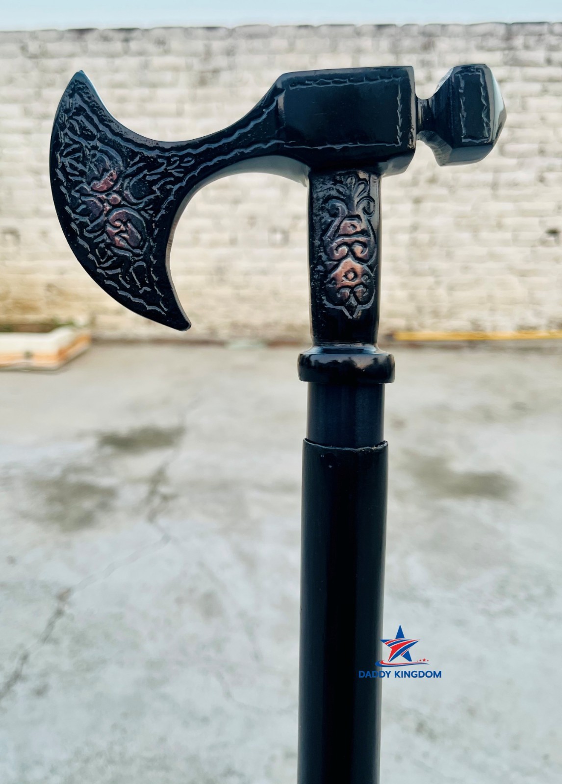 ANTIQUE BLACK BRASS AXE DESIGN HEAD HANDLE 3 FOLD WOODEN WALKING STICK CANE GIFT