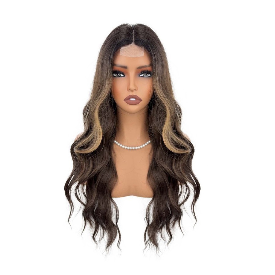 Middle Part Brown Ombre Water Wave Long Curly Wig with Small Lace Pre Plucked