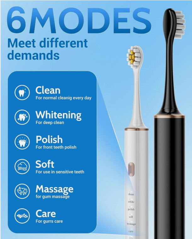2 Pack Electric Sonic Toothbrush 6 Modes USB Rechargeable W/ 12 Replacement Head