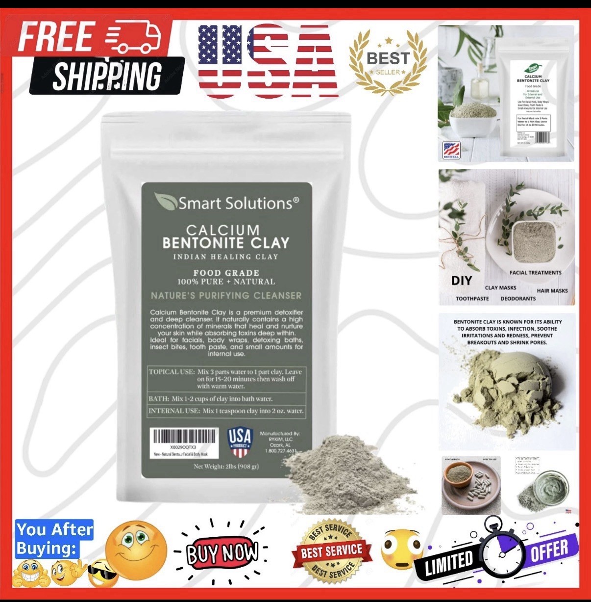 Smart Solutions Calcium Bentonite Clay Mask Powder 2 lb Face Detox Acne DIY