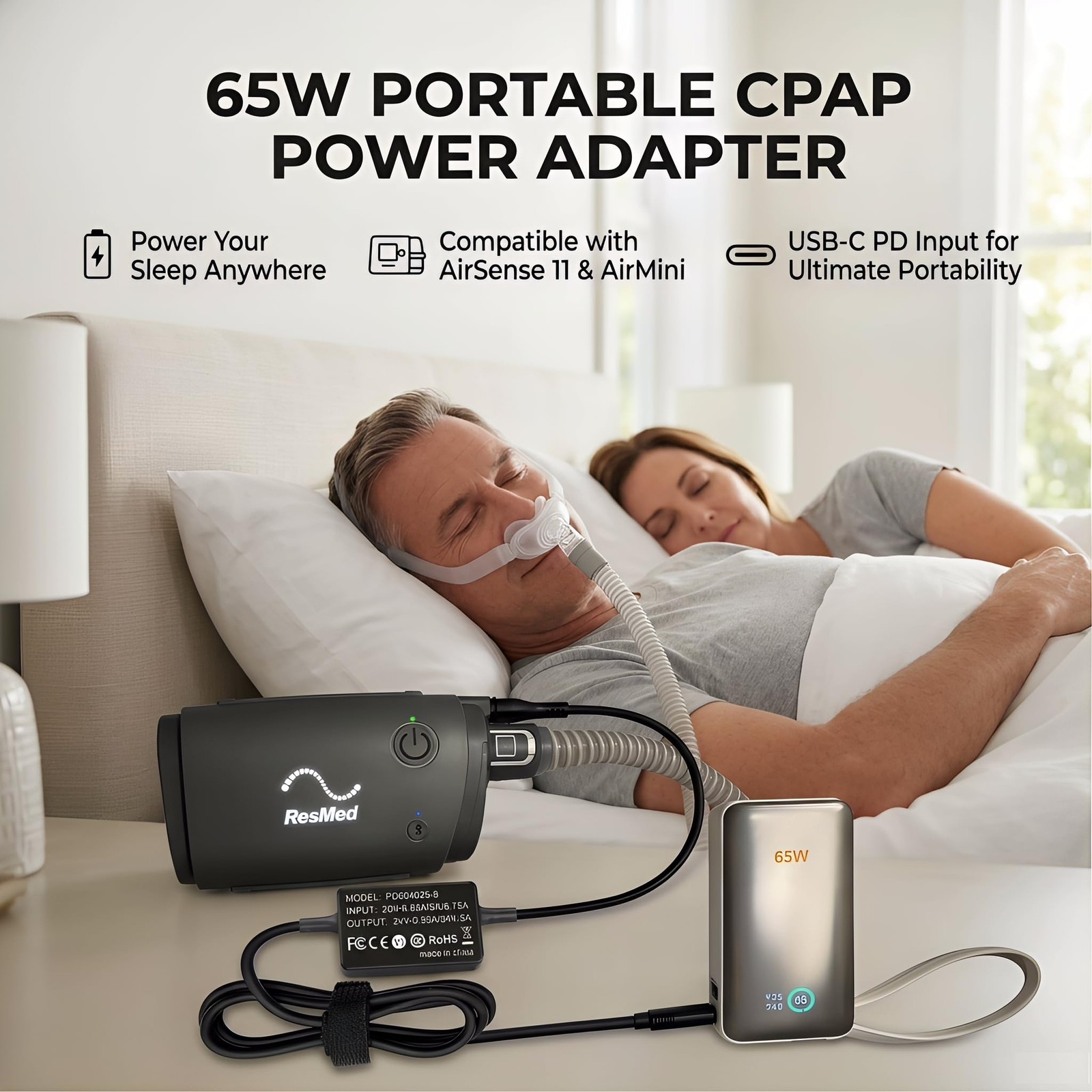 USB C PD Power Cable for ResMed AirSense 11 AirMini 65W Battery Backup