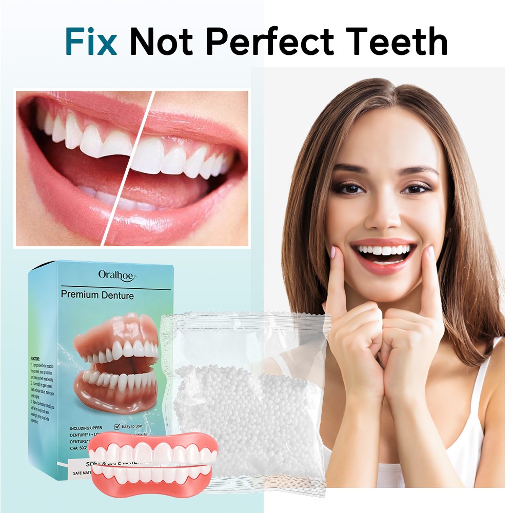 False Teeth Set Full Dentures,Adjustable Silicone Dentures to Fit Over Existing