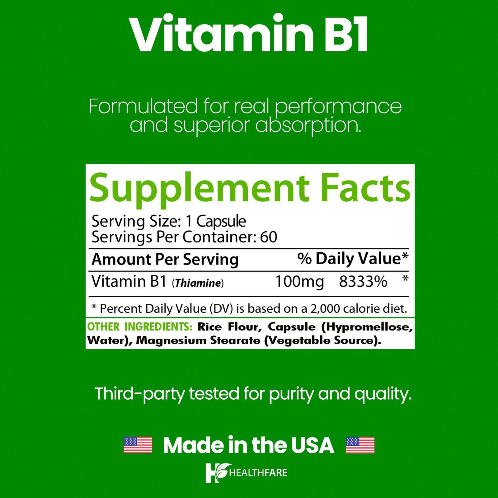 Healthfare Vitamin B1 100mg | 60 Capsules | Thiamine Supplement |