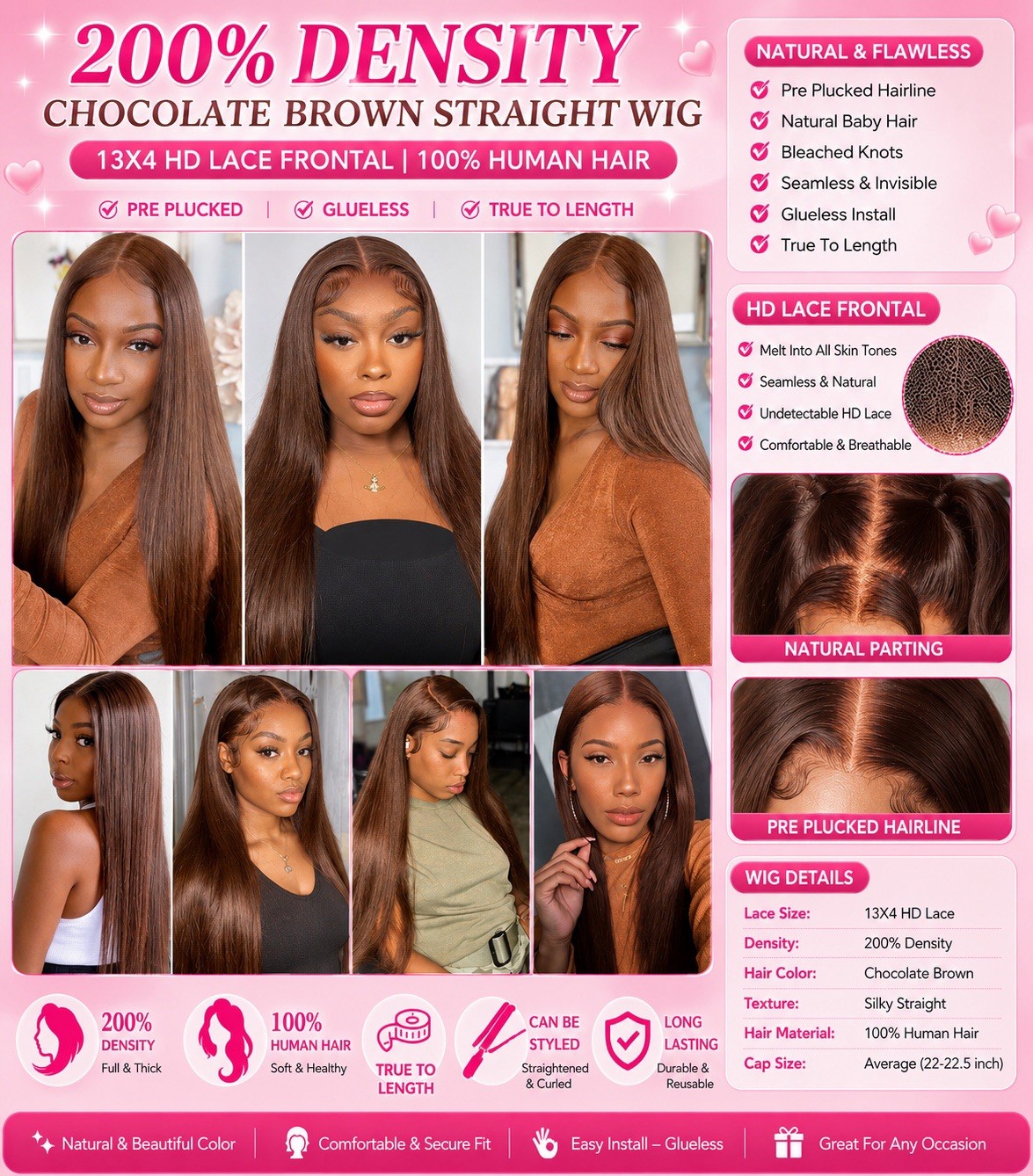 200% Density Chocolate Brown Straight Human Hair 13X4 HD Lace Front Glueless Wig