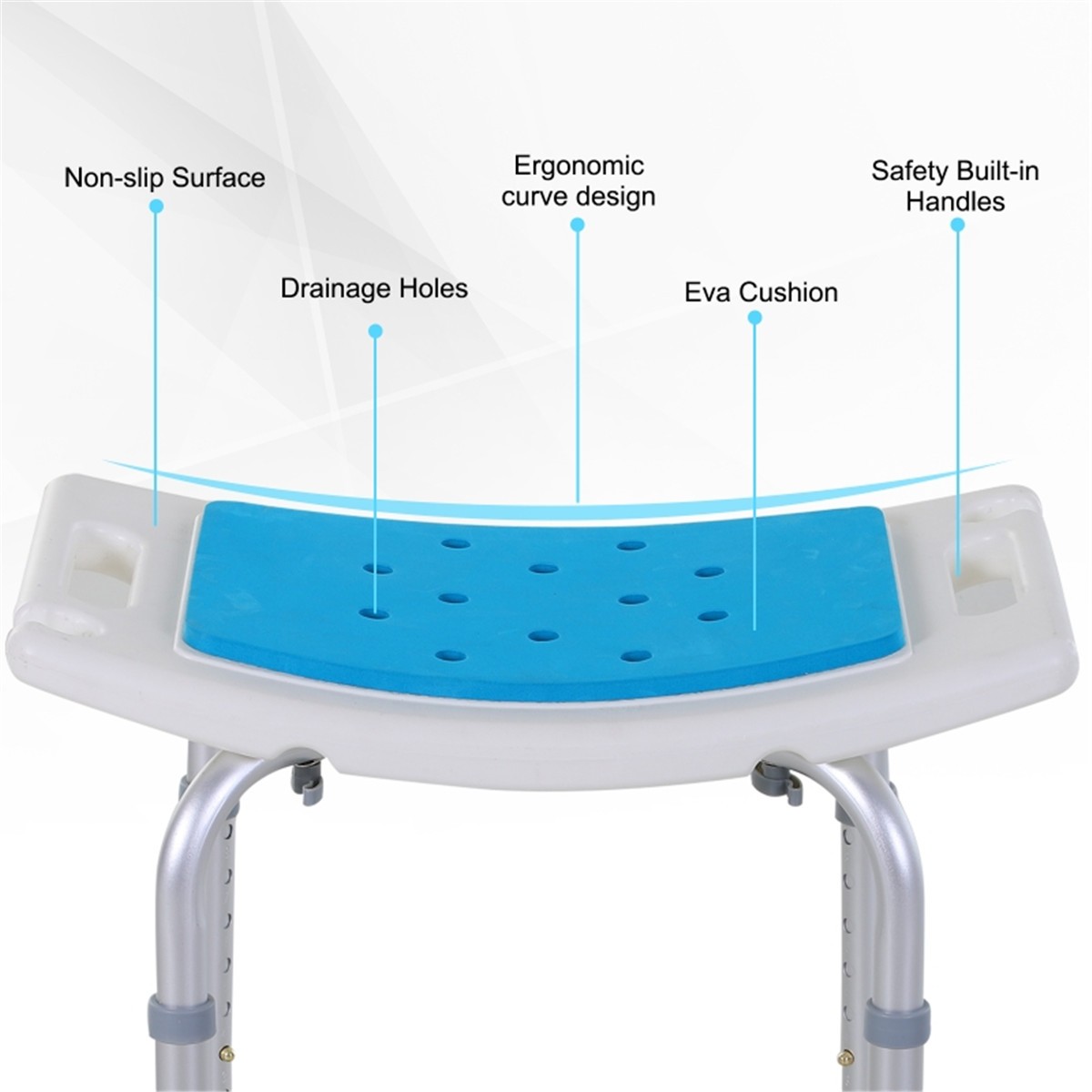Adjustable Height Shower Chair Bath Stool, 300 lbs Capacity, Blue/White/Silver