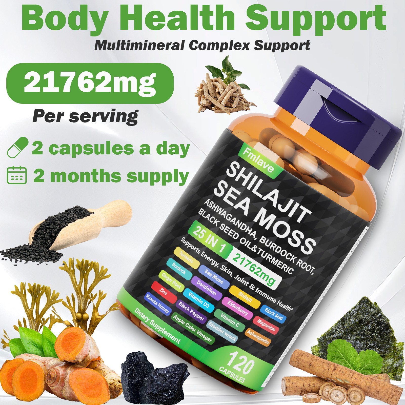 2 Pack 25 in 1 Sea Moss, Black Seed Oil, Ashwagandha, Turmeric, Ginger, 240 Caps