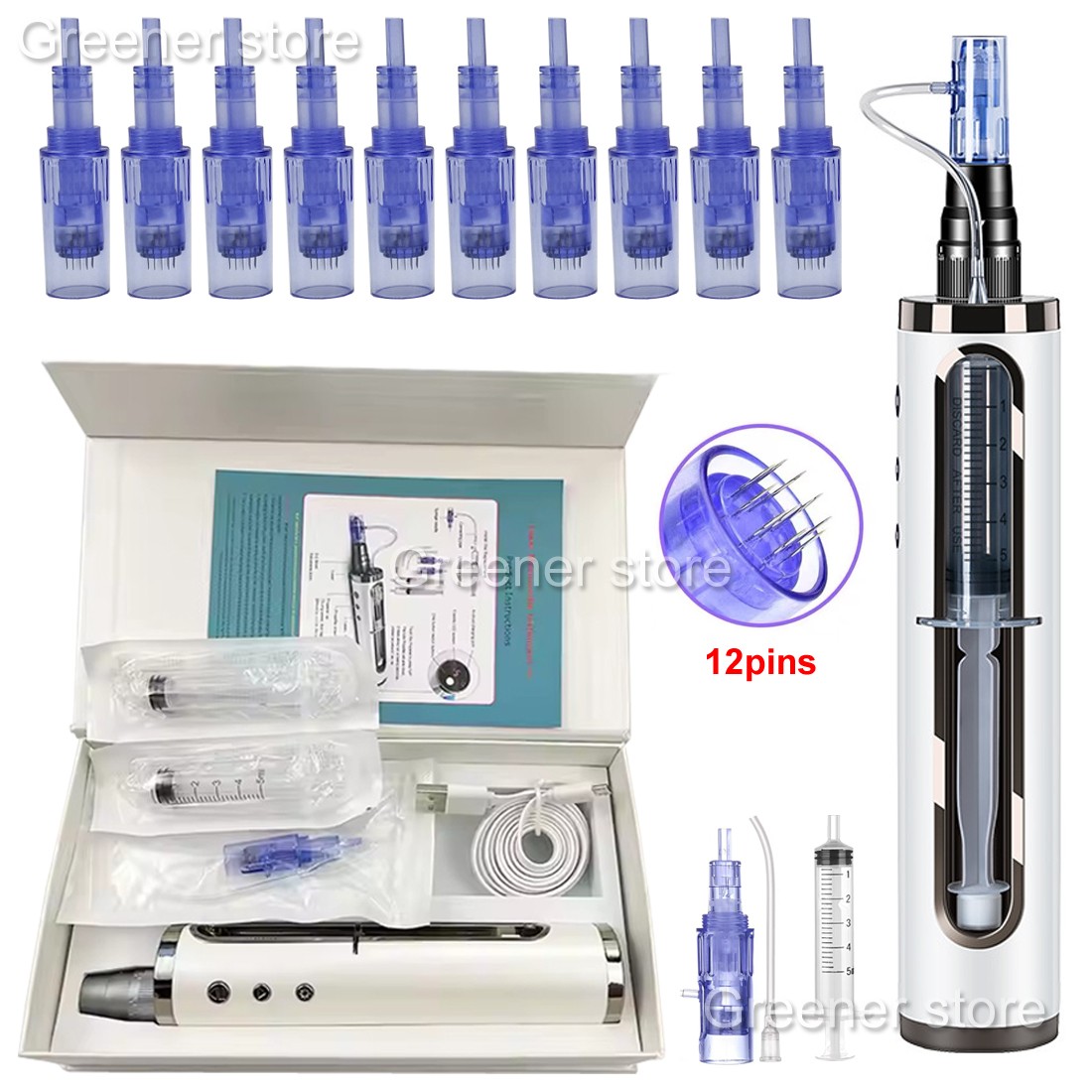 Micro Pen Mesotherapy & 10Pcs 12Pins Replacement Needle Cartridges Tip Face Care