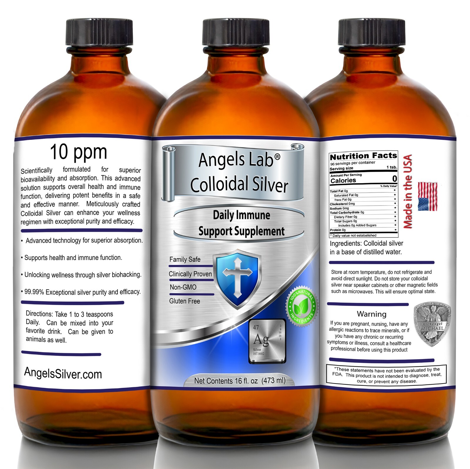 Colloidal Silver 16 oz Glass Angels Lab 10ppm