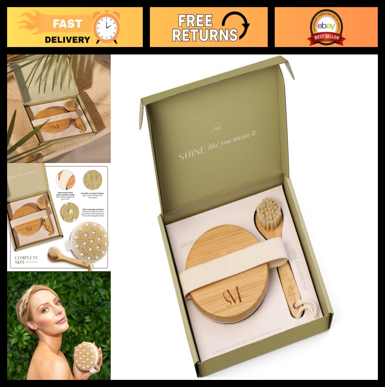 Dry Brushing Body & Face Brushes Set – Natural Boar Bristle, Exfoliating, Lympha