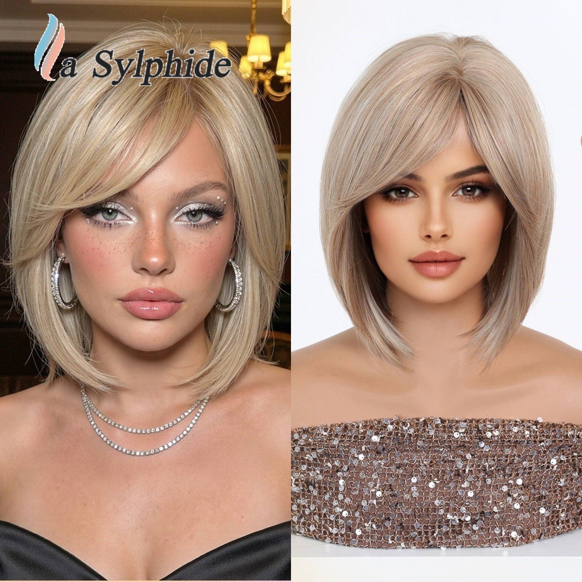 Brown Highlight Clavicle BOB Short Straight Wig Side Bang Rose Net Breathable