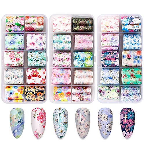 Nail Foil, 30 Rolls Nail Art Foil Transfer 3D Flower Stickers Flower Series