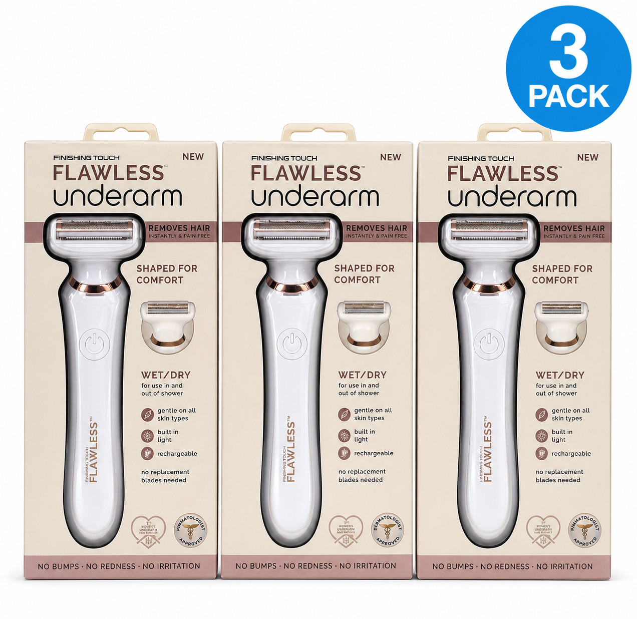 Finishing Touch Flawless Underarm Hair Remover – Wet/Dry – Rechargeable – 3 Pack