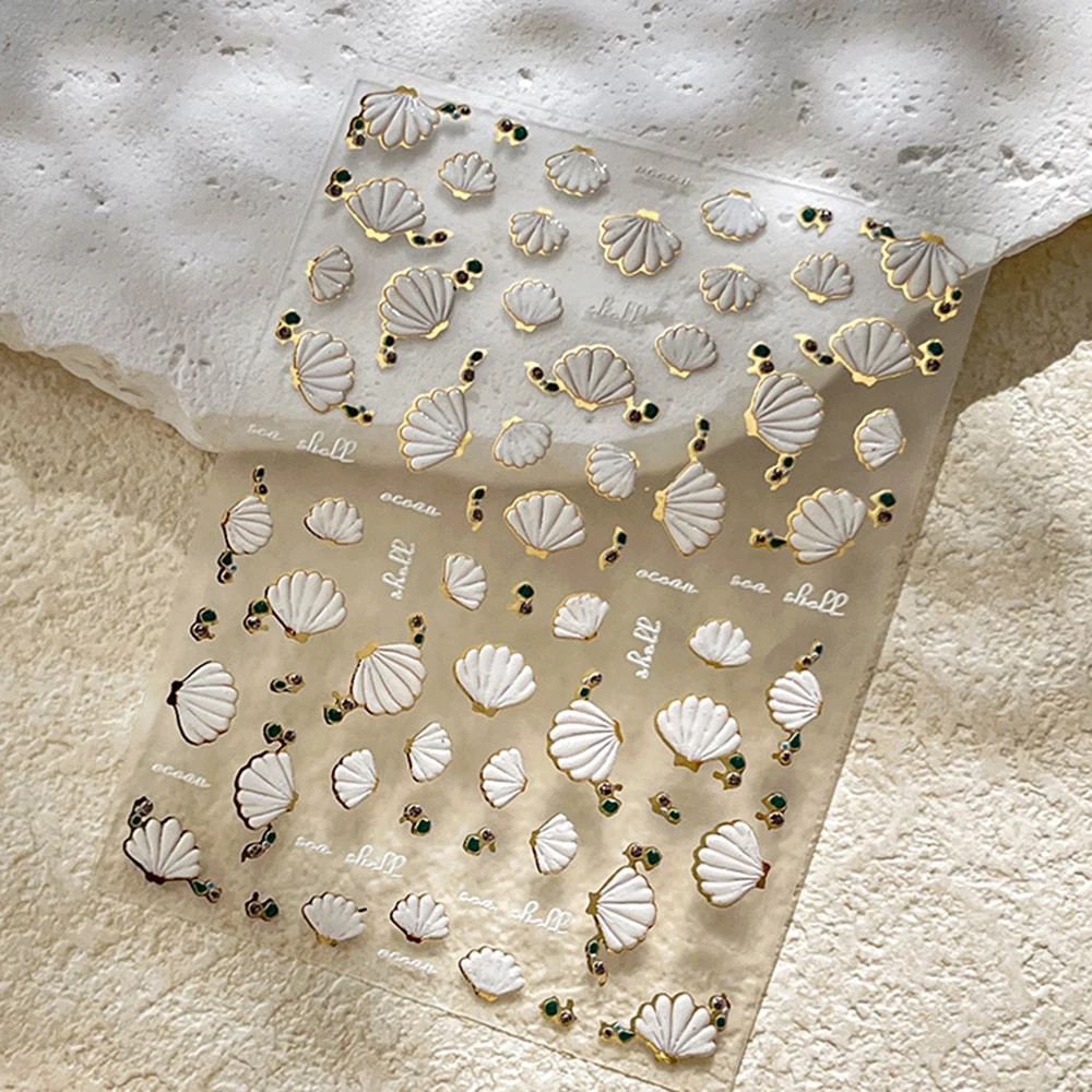 1Pcs 5D Embossed White Seashell Nail Stickers Gold Border Scallop Self Adhesive