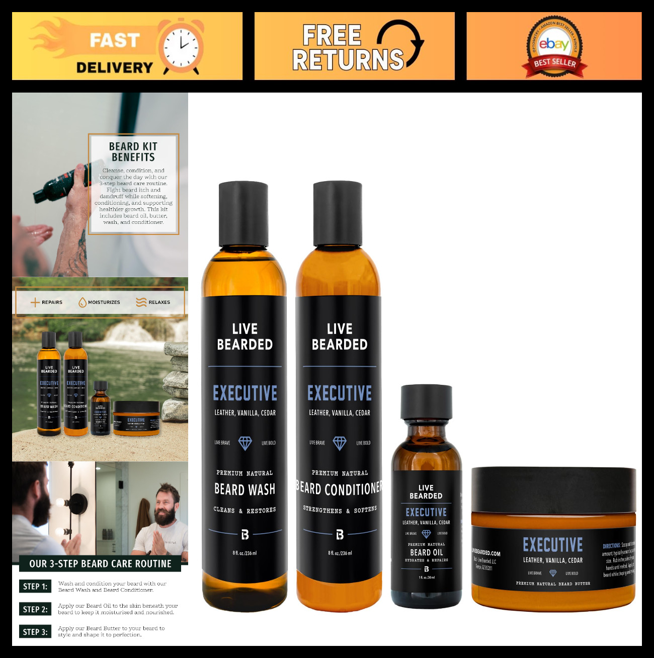 Complete 4-Step Beard Grooming Kit | All-Natural Wash, Conditioner, Oil & Butter