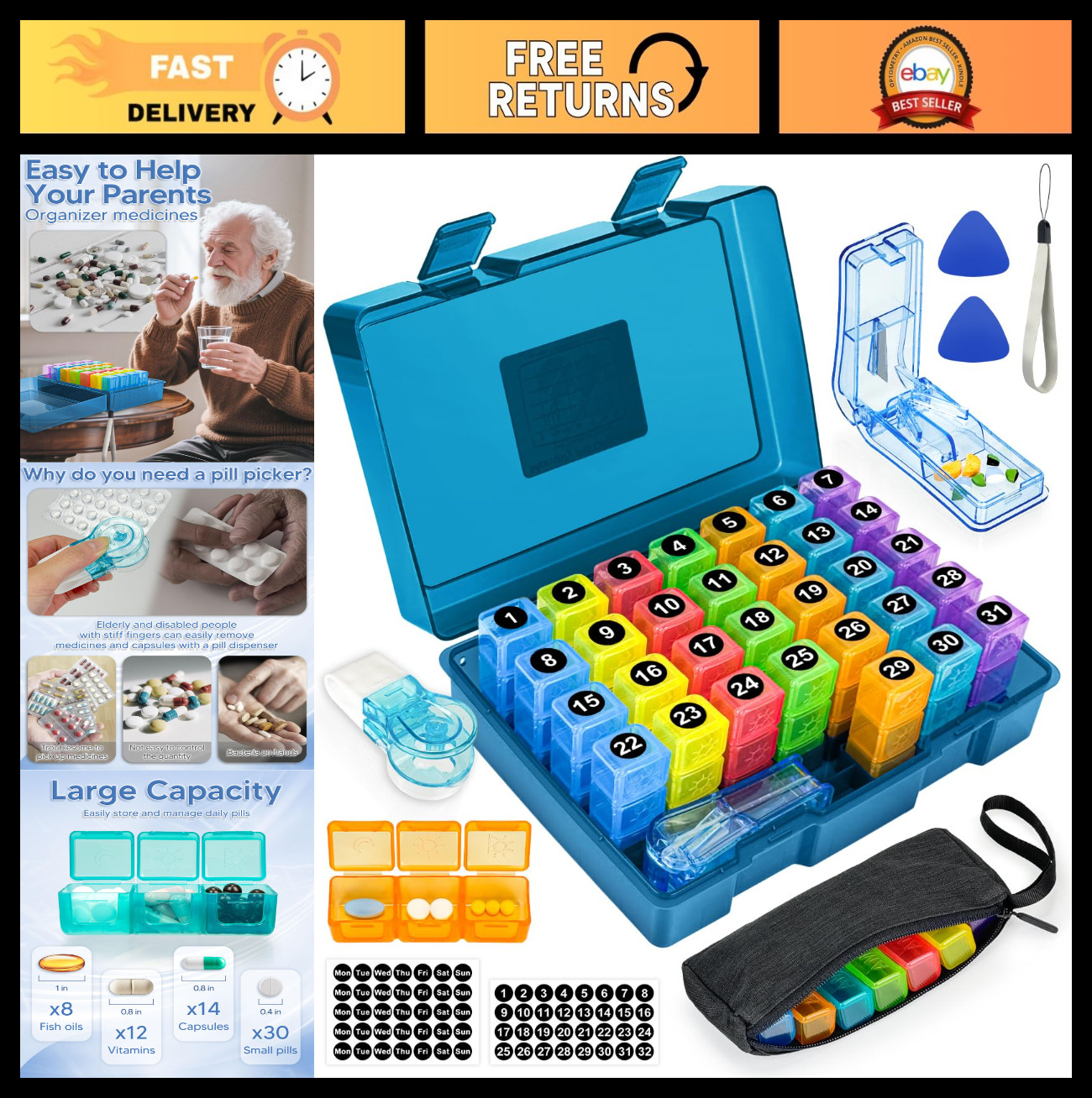 Weekly Pill Organizer 3x Daily, Portable Medicine Box with Pill Cutter & Remover