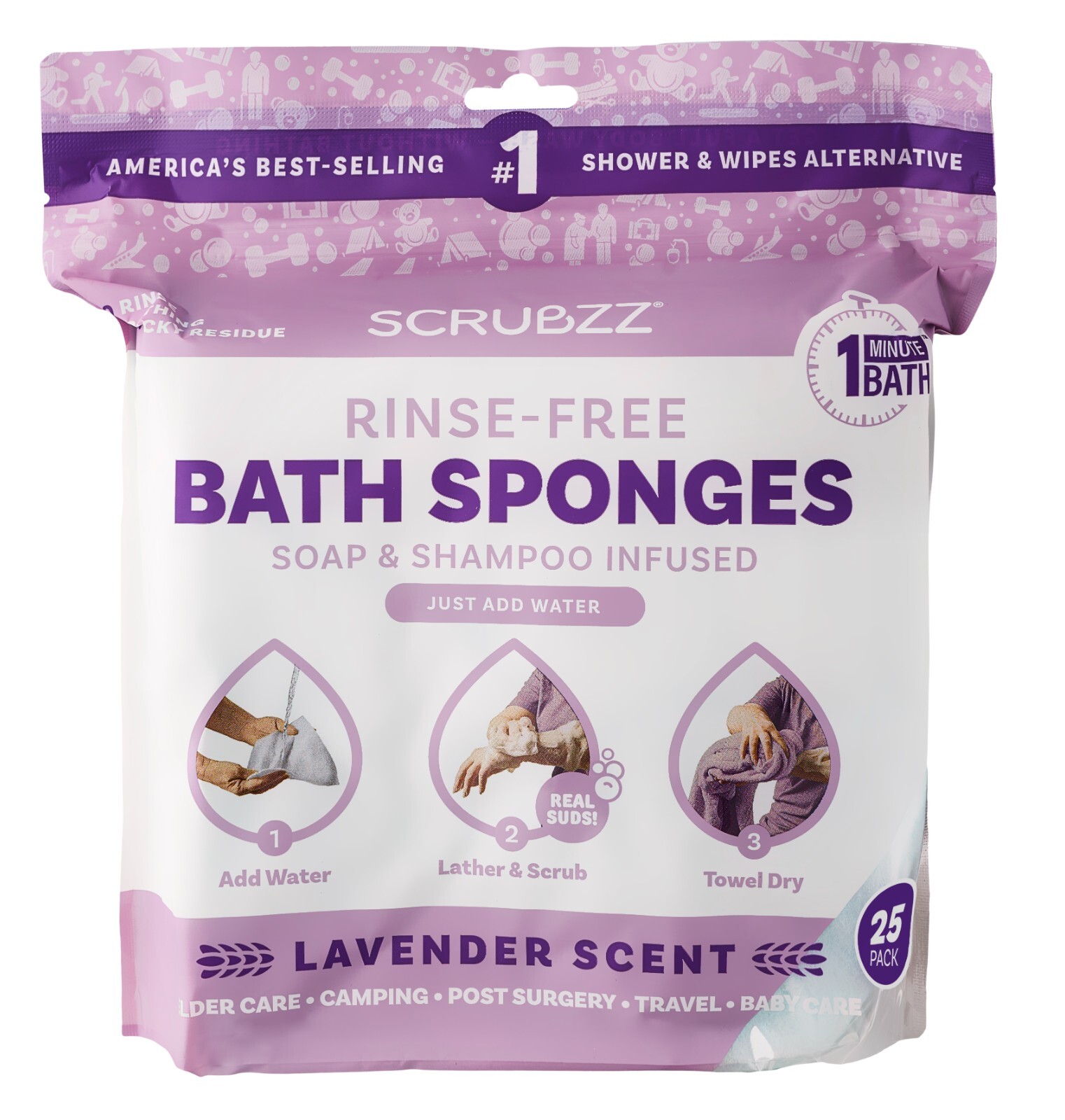 Scrubzz Disposable Rinse Free Bathing Sponges – Lavender, 75 Count