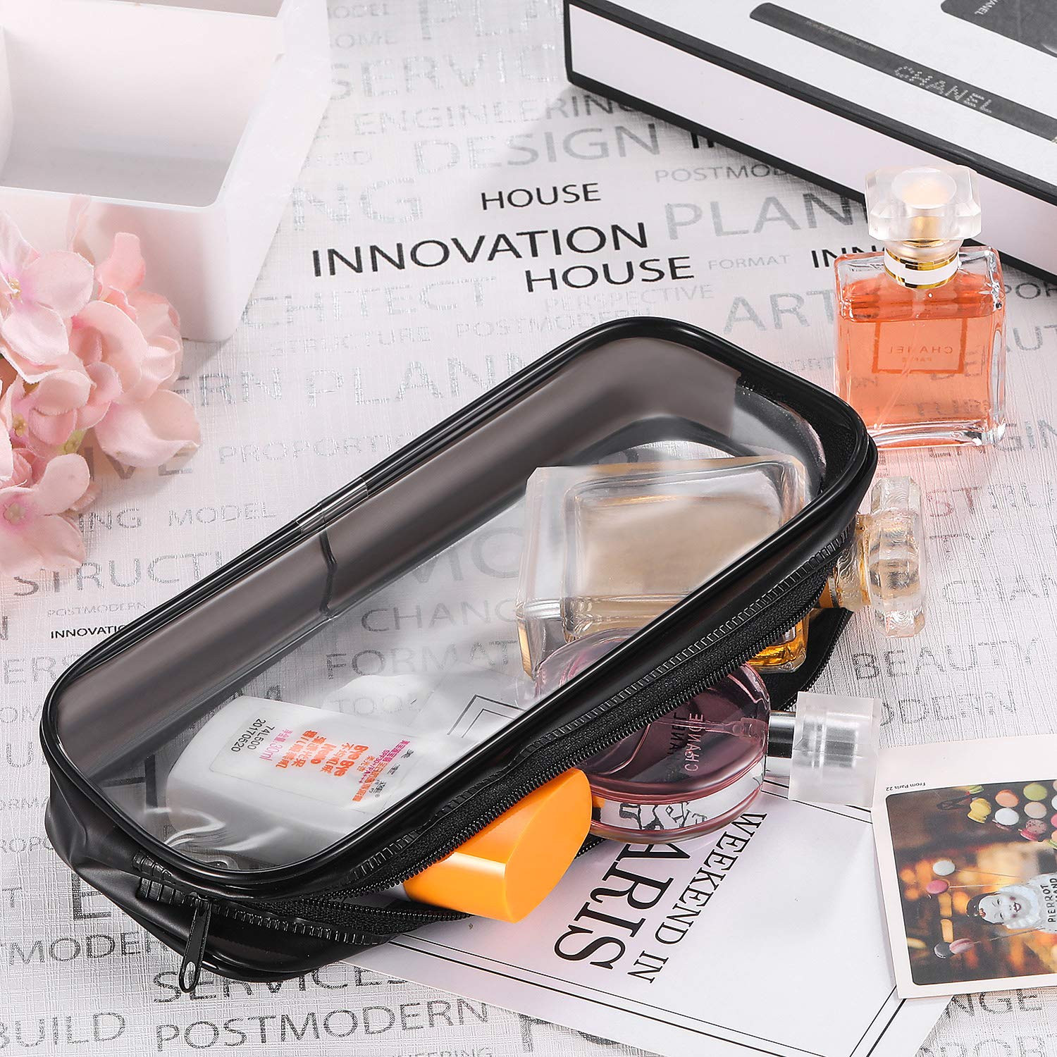 4 Pcs Clear PVC Pencil Pouch Zipper Cosmetic Makeup Bag Travel Storage Black