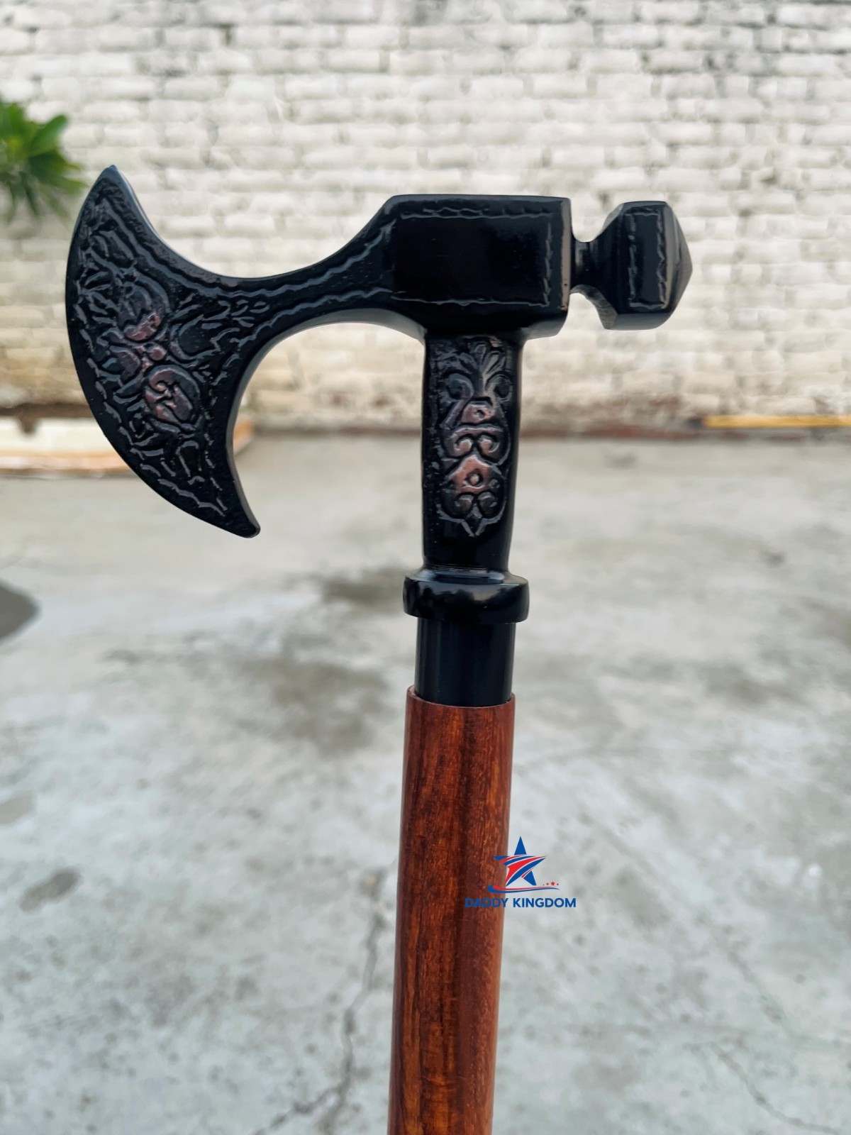 ANTIQUE BLACK BRASS AXE DESIGN HEAD HANDLE 3 FOLD WOODEN WALKING STICK CANE GIFT