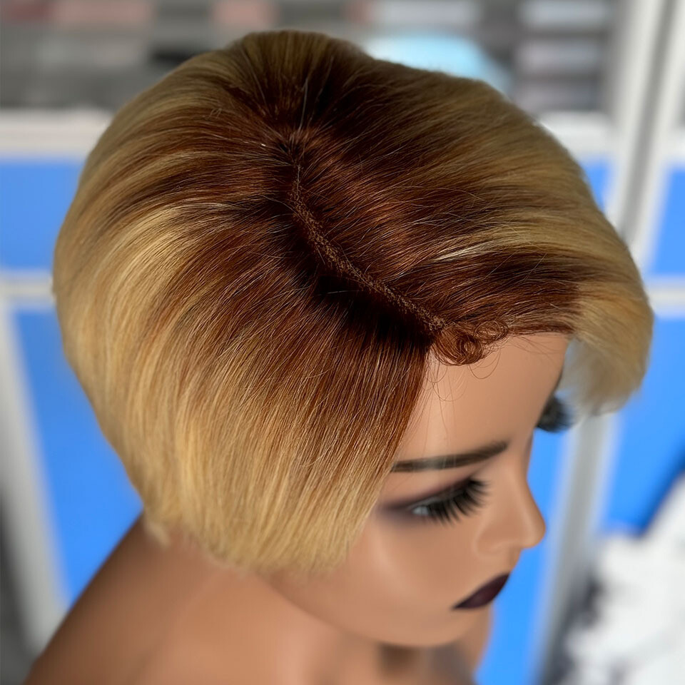C Part Lace Pixie Cut Ombre Blonde Human Hair Wig Short Straight Wig for Women