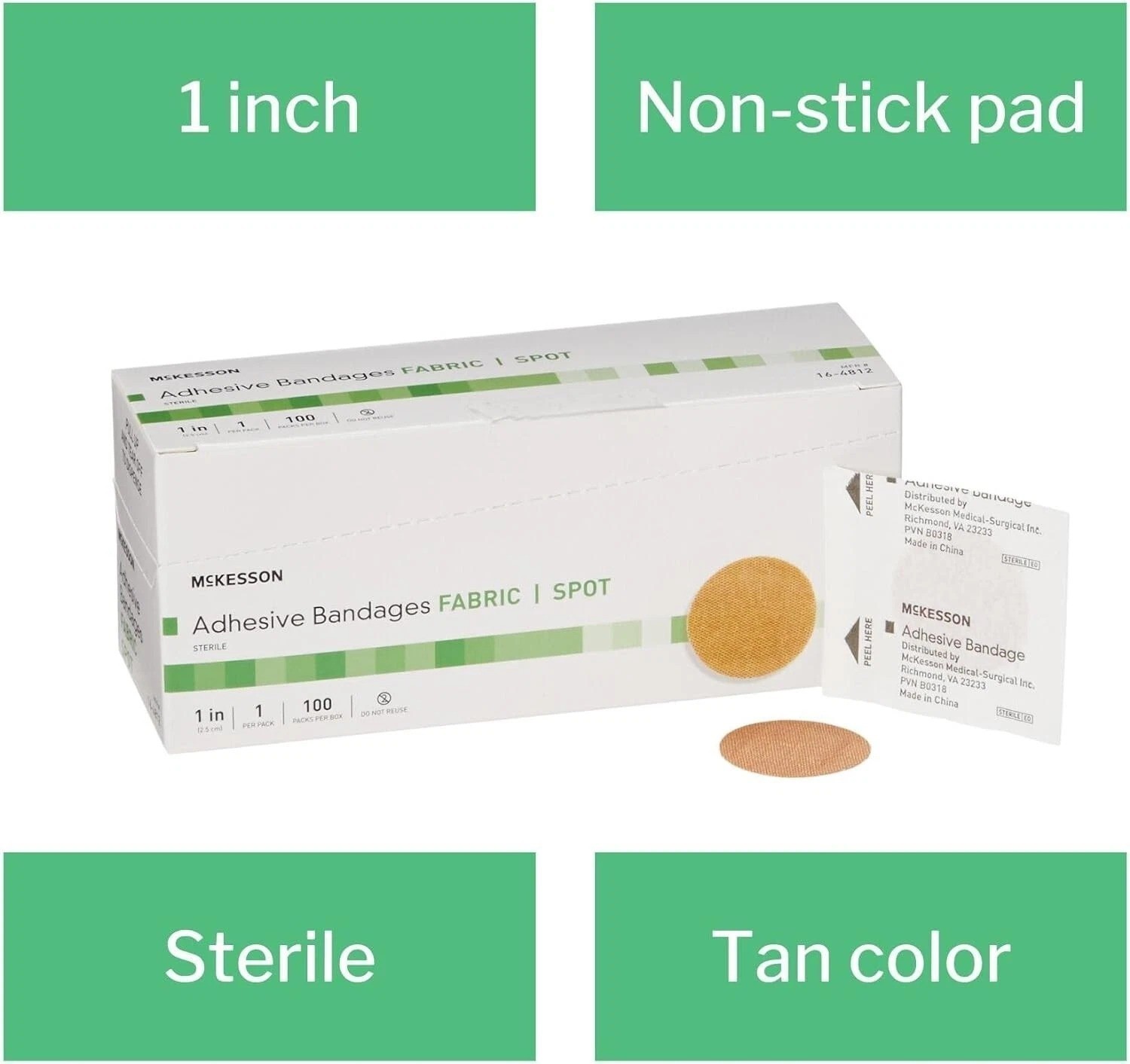 100 Round Fabric Adhesive Spot Band Aids Bandages 1″ Sterile 16-4812