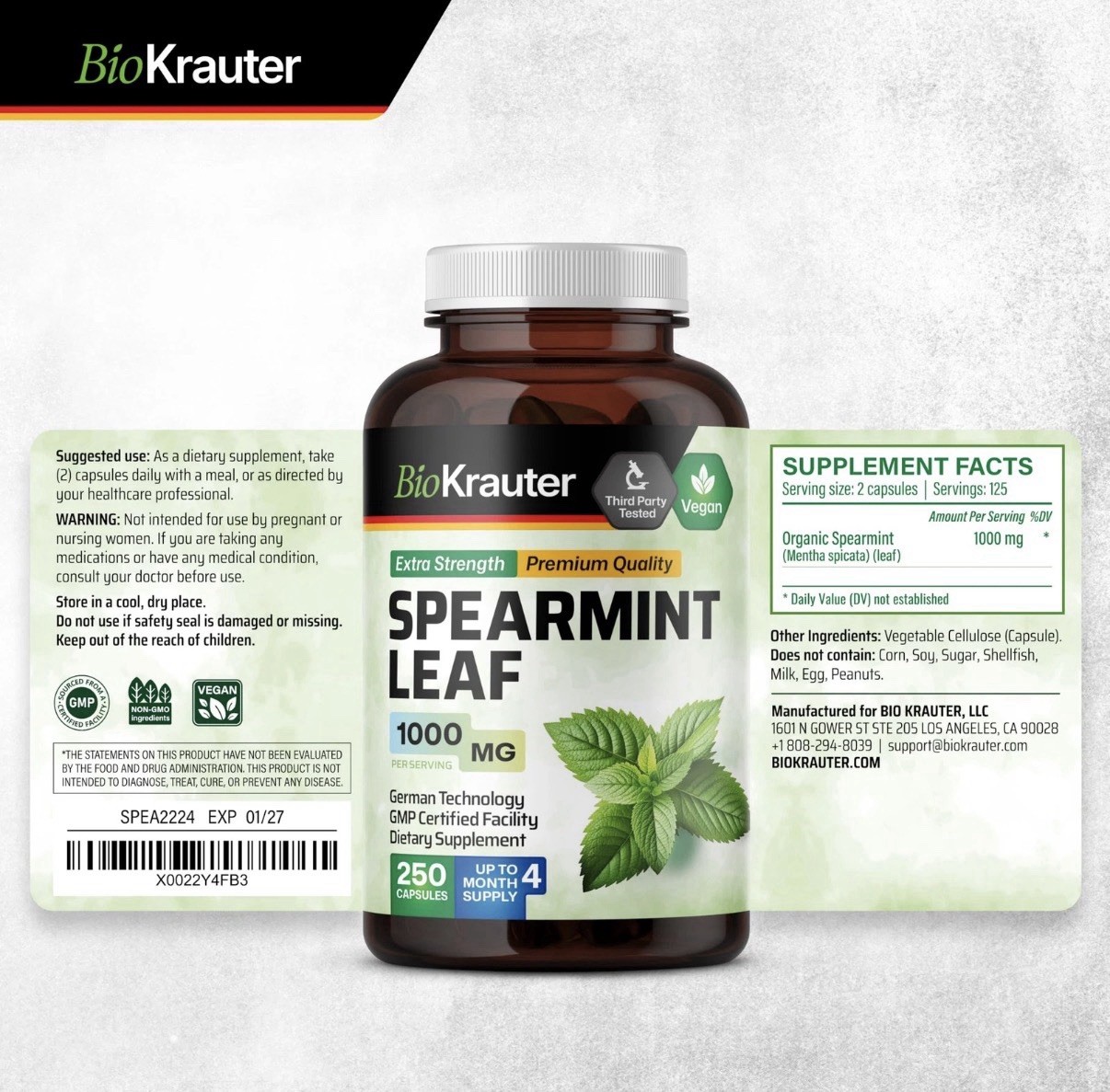 BioKrauter Spearmint Leaf 1000mg Vegan Capsules 250 ct GMO Free No Fillers