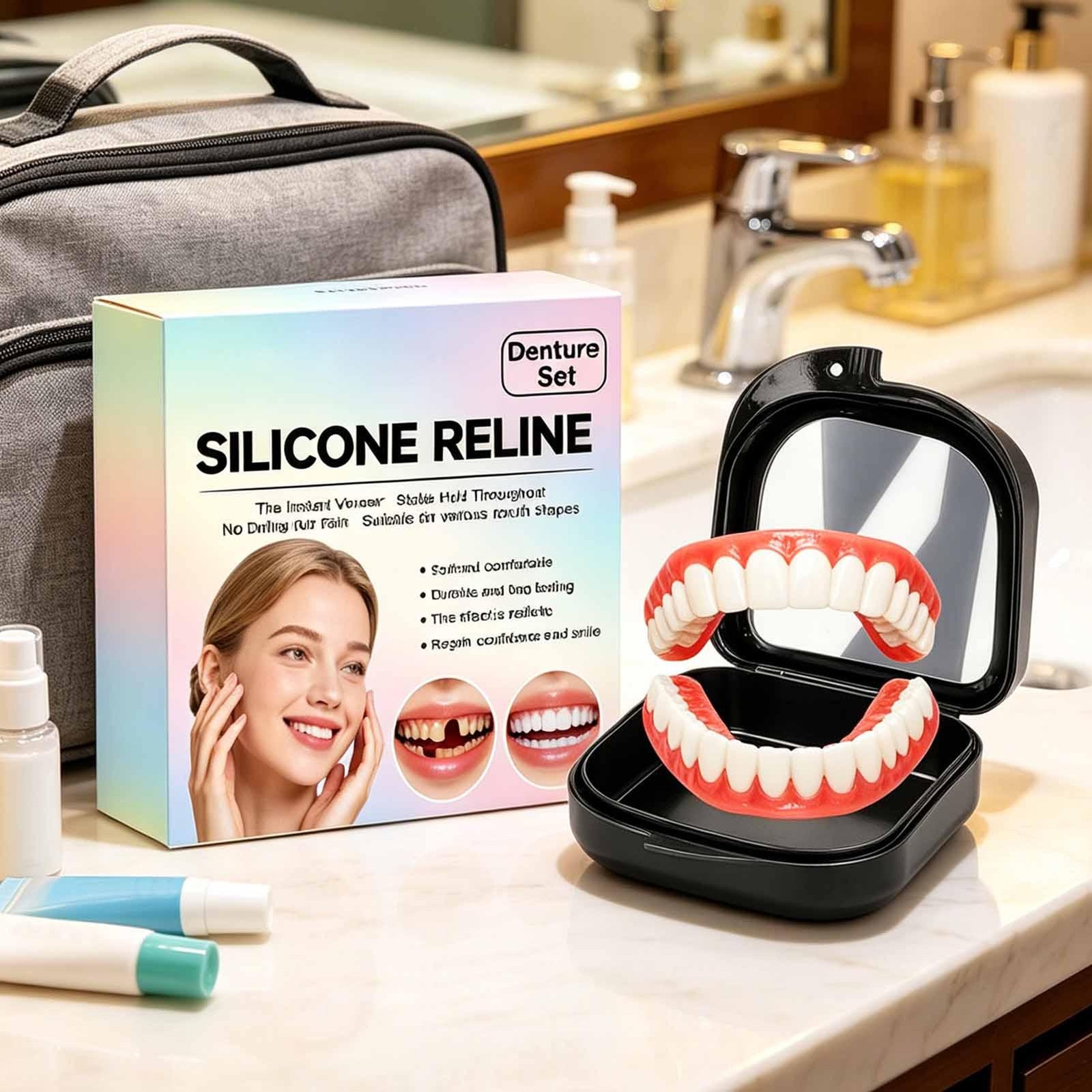 Silicone Denture Reline Kit with Full False Teeth Set Top Bottom Comfort Fit