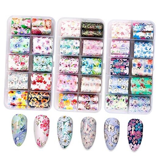 Nail Foil, 30 Rolls Nail Art Foil Transfer 3D Flower Stickers Flower Series