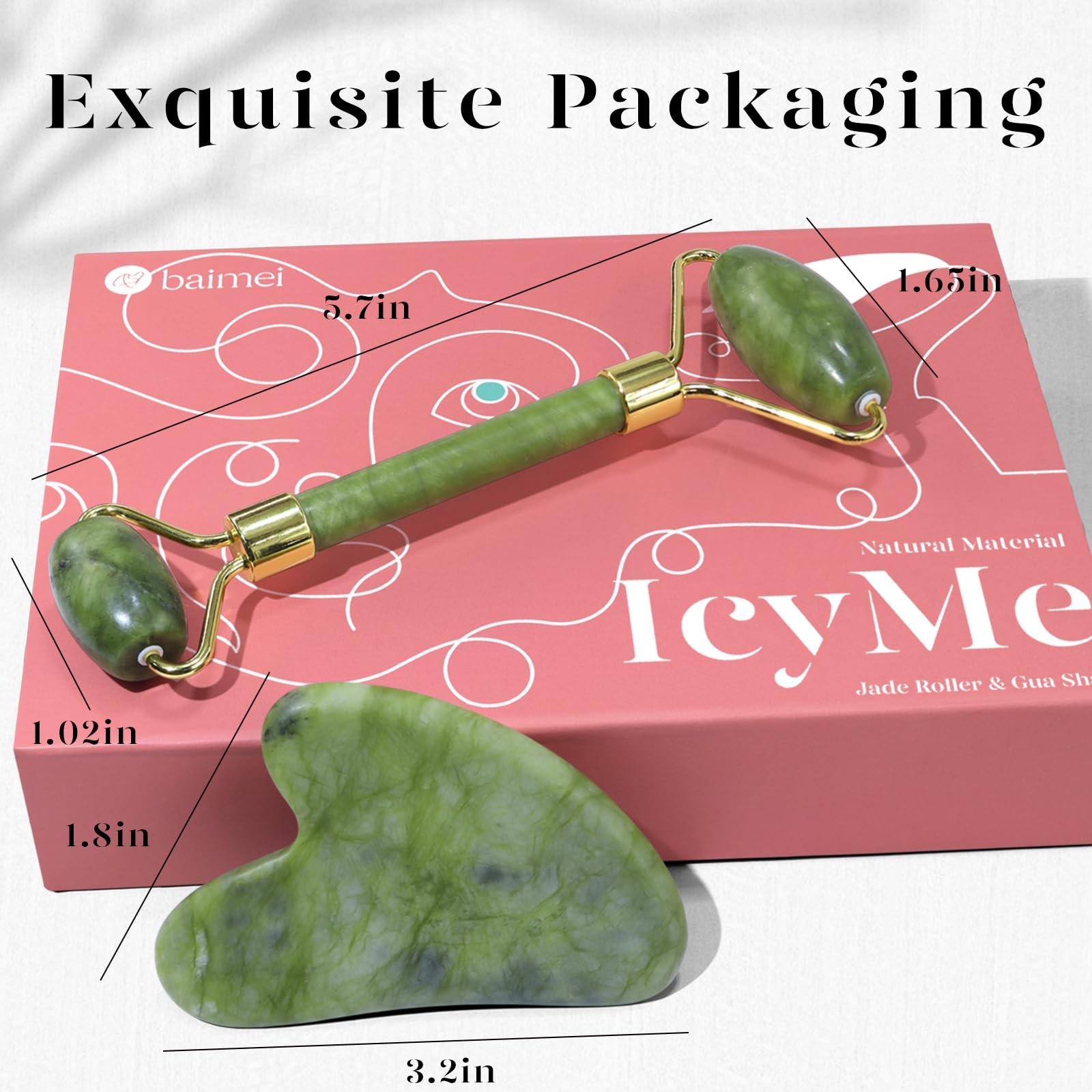 BAIMEI IcyMe Gua Sha & Jade Roller Facial Tools Face 2 Piece Set, Green