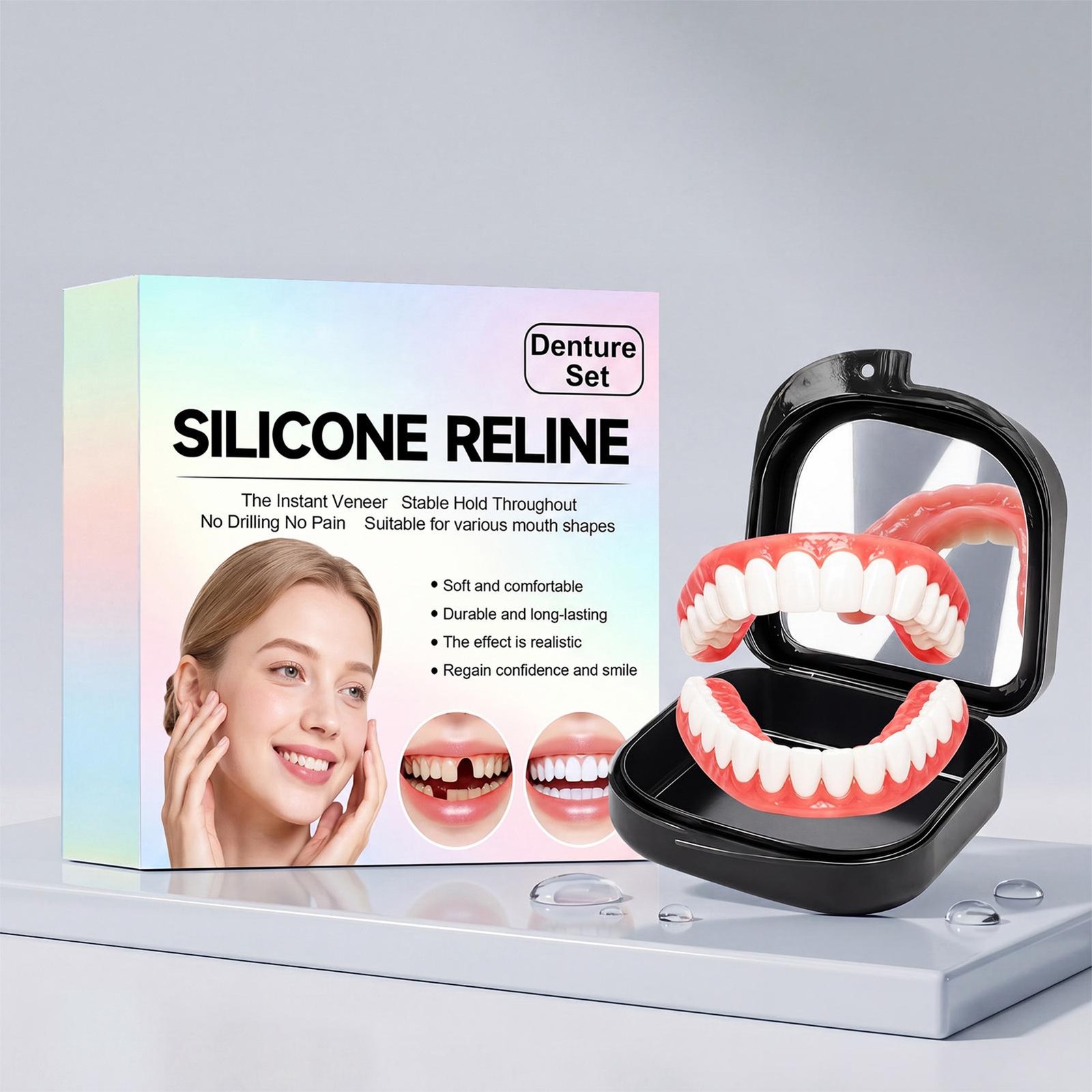 Silicone Denture Reline Kit with Full False Teeth Set Top Bottom Comfort Fit
