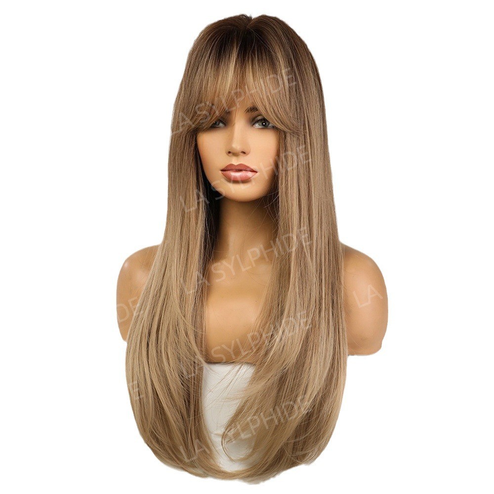 New Arrival Side Swept Bangs Ombre Brown to Blonde Straight Wig Heat Resistant