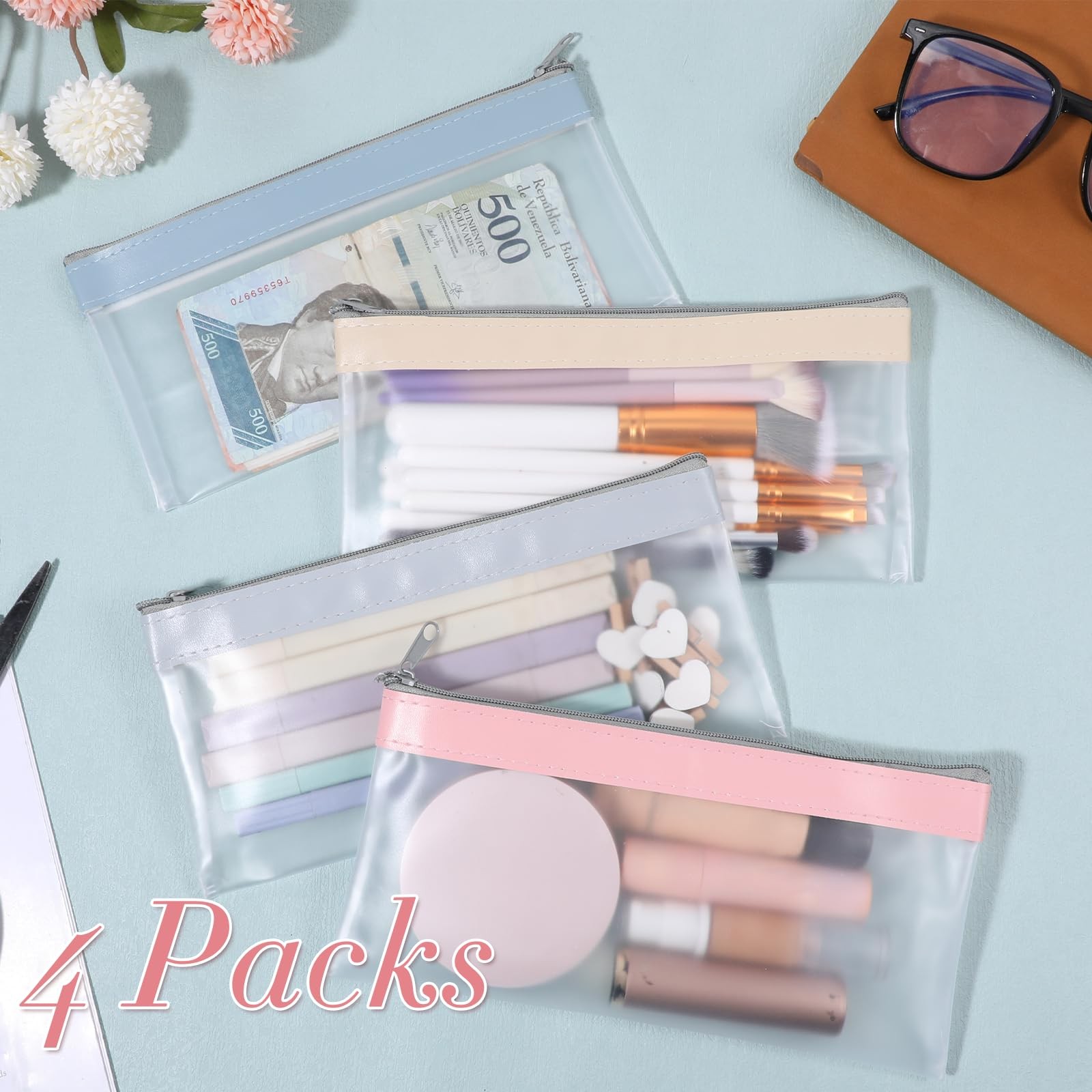 4 Pcs Clear Zipper Pouches, 8.26 x 4 Inch Mini Makeup Bag Waterproof Money Ba…