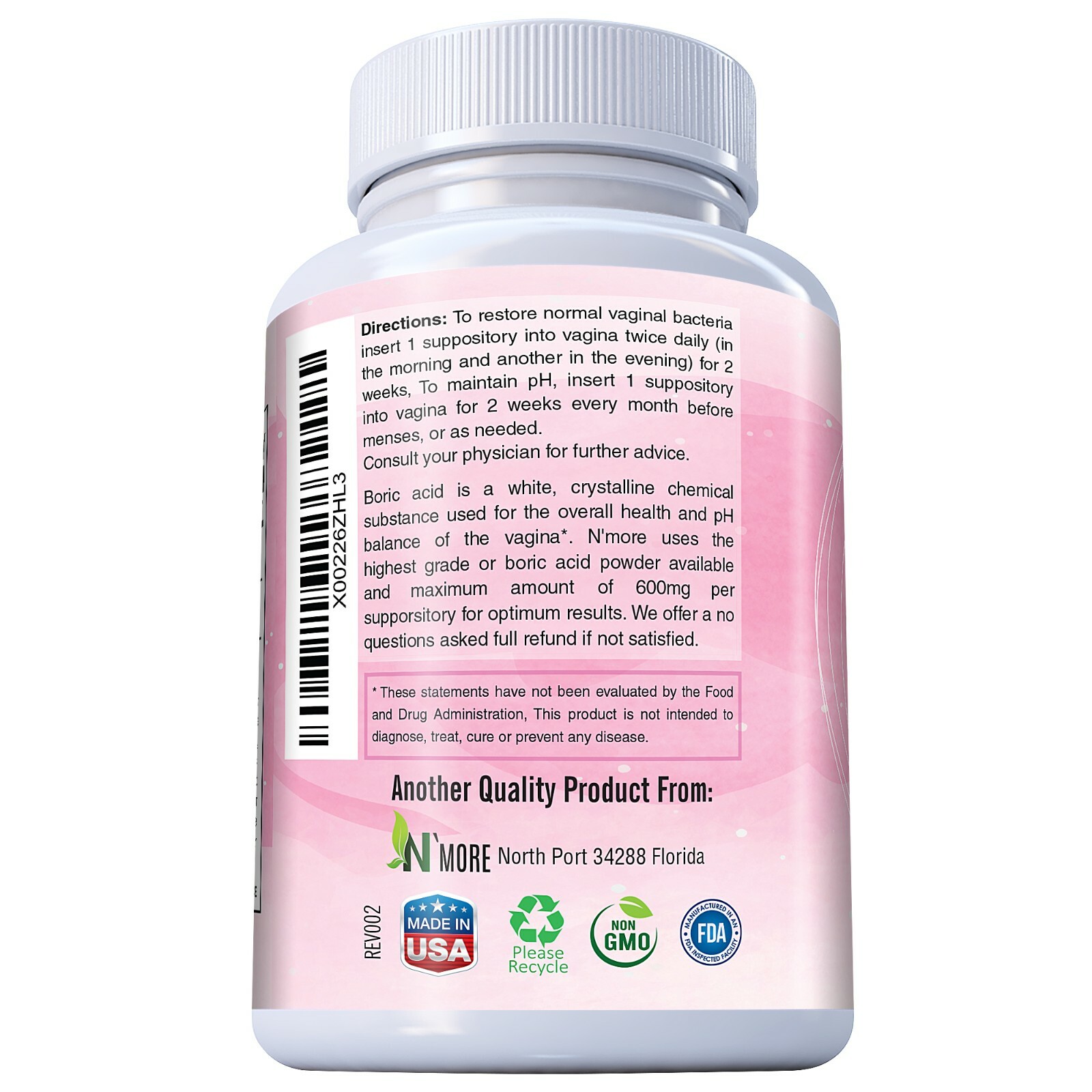 BORICFEM 600MG VAGINAL SUPPOSITORIES YEAST INFECTION BV MADE IN USA (30 CT)