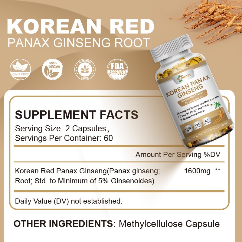 Organic Extra Strength Red Korean Panax Ginseng Capsules,1600mg Energy Focus